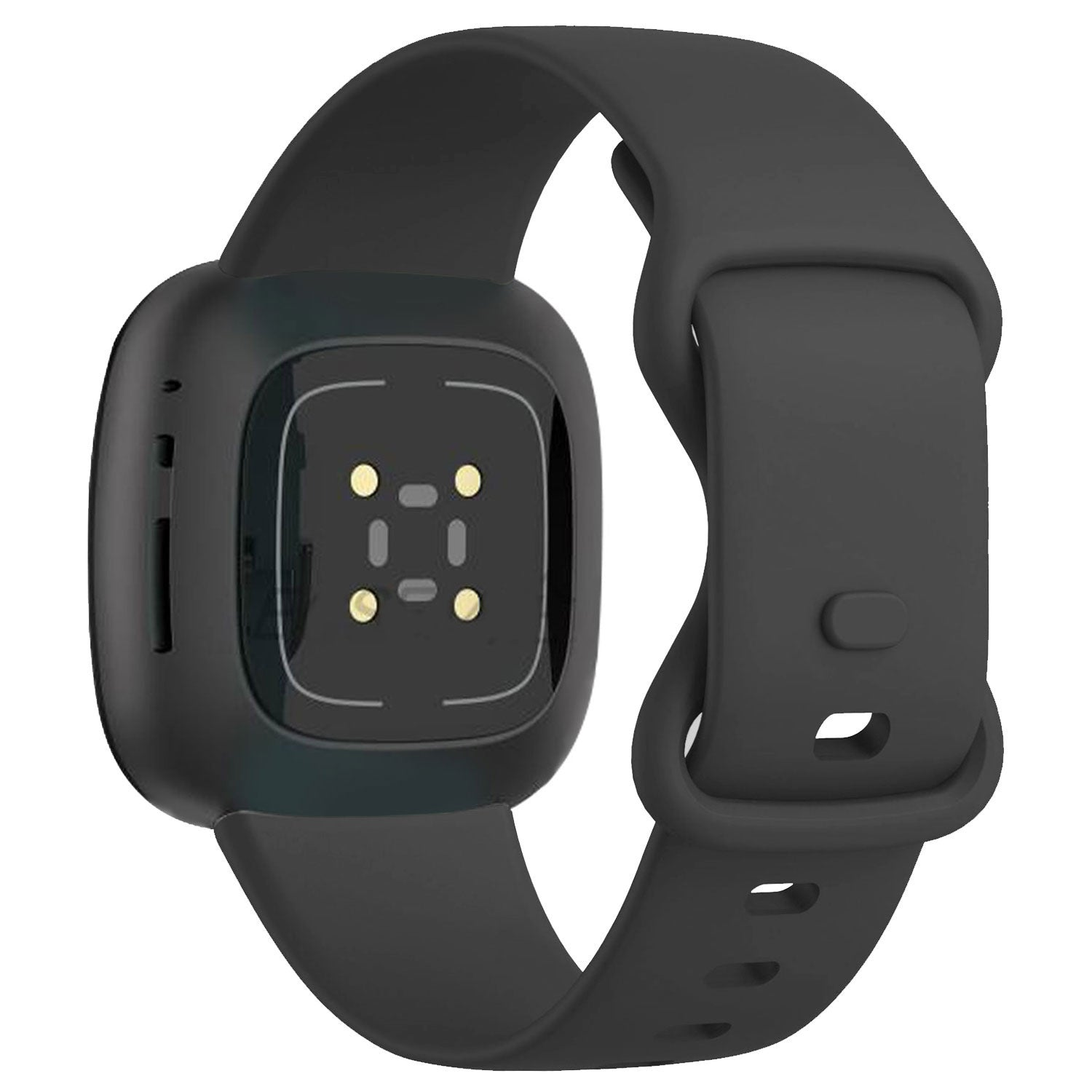 Eine schwarze Smartwatch mit gebogenem Armband. Das Zifferblatt zeigt Sensoren. Das Band hat Löcher und eine Schnalle.