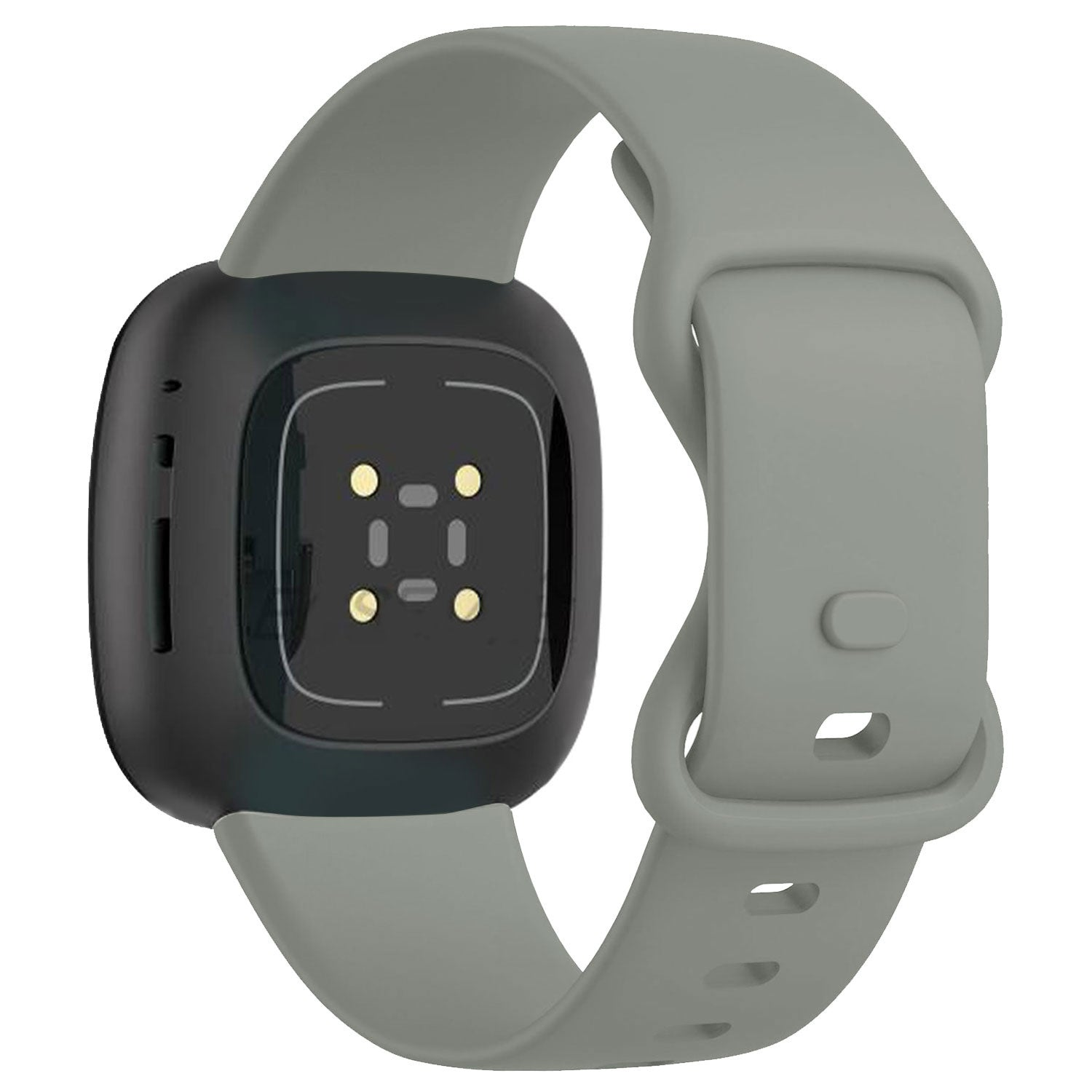 Eine Smartwatch mit schwarzem Gehäuse und grauen Armbändern. Das Zifferblatt zeigt Sensoren und die Armbänder sind befestigt.