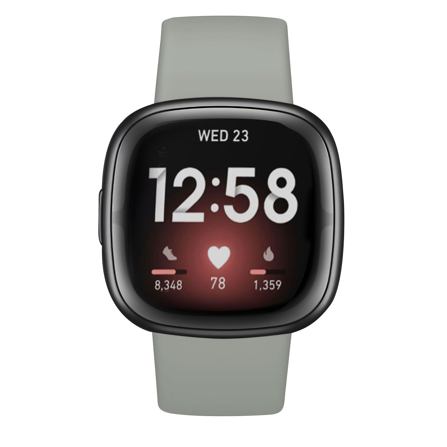 Eine Smartwatch zeigt die Uhrzeit 12:58 Uhr, die Schrittzahl, die Herzfrequenz und die verbrannten Kalorien an. Sie hat ein graues Armband und eine schwarze Lünette.