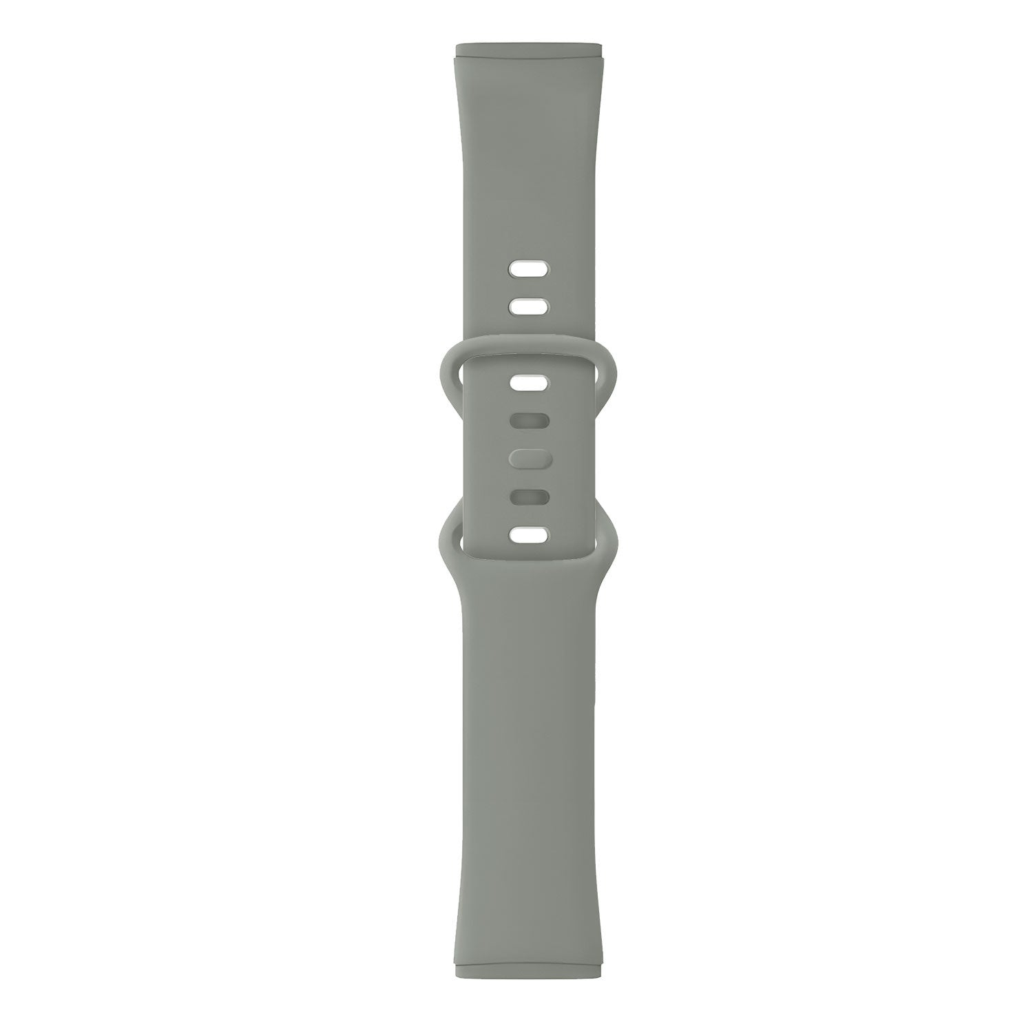 Ein hellgraues Uhrenarmband liegt vertikal. Es hat eine Schnalle mit mehreren Löchern und zwei rechteckigen Enden.