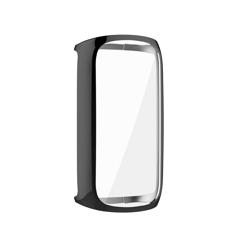 Ein schwarzer, gebogener Displayschutz für eine Smartwatch. Er hat einen klaren Bildschirmbereich und einen schwarzen Rahmen.