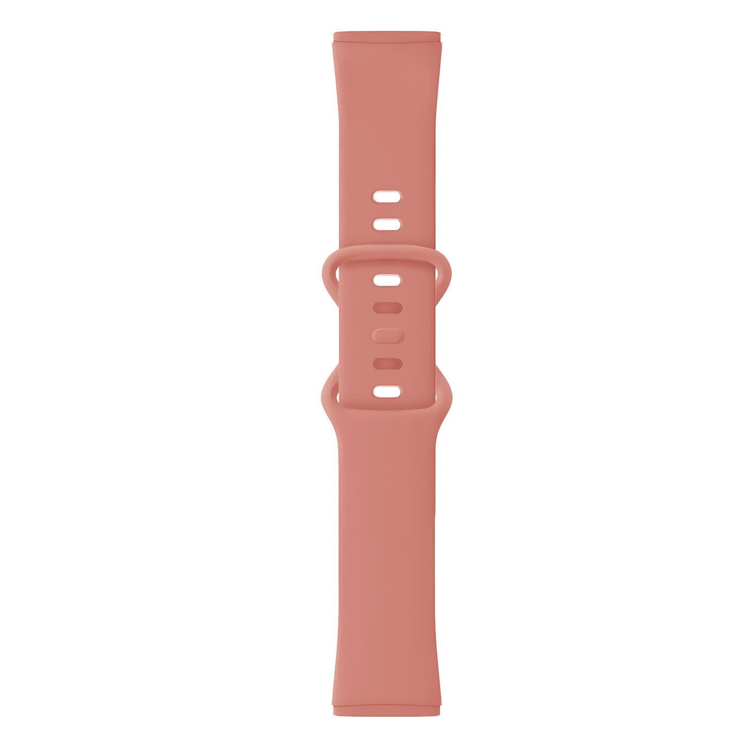 Ein lachsfarbenes Uhrenarmband liegt senkrecht. Es hat eine Schnalle mit mehreren Löchern und zwei Teilen zur Befestigung.