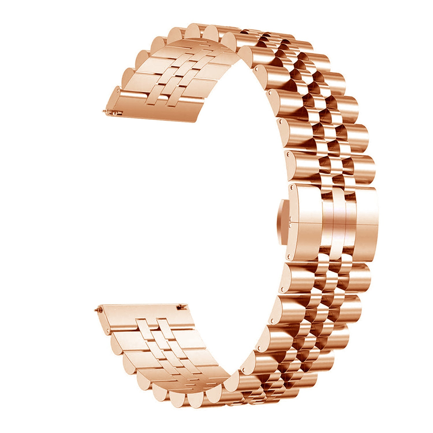 Ein roségoldenes Metall-Armband ist gebogen. Es hat eine Reihe von gebogenen und rechteckigen Gliedern. Der Hintergrund ist weiß.