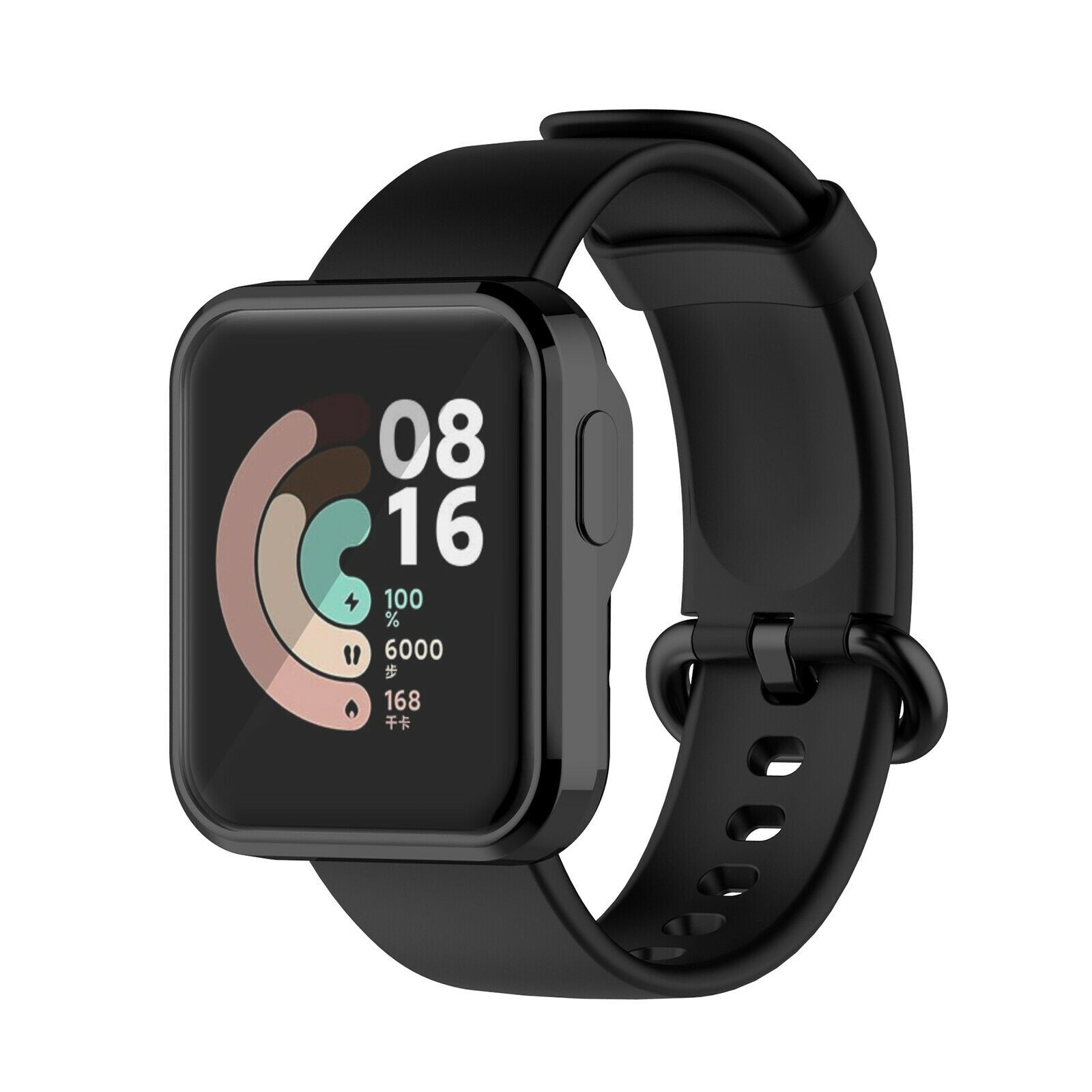 Schwarze Smartwatch zeigt Uhrzeit und Statistiken. Das schwarze Armband ist mit der Uhr verbunden. Das Display zeigt Zahlen und einen Fortschrittsbalken.