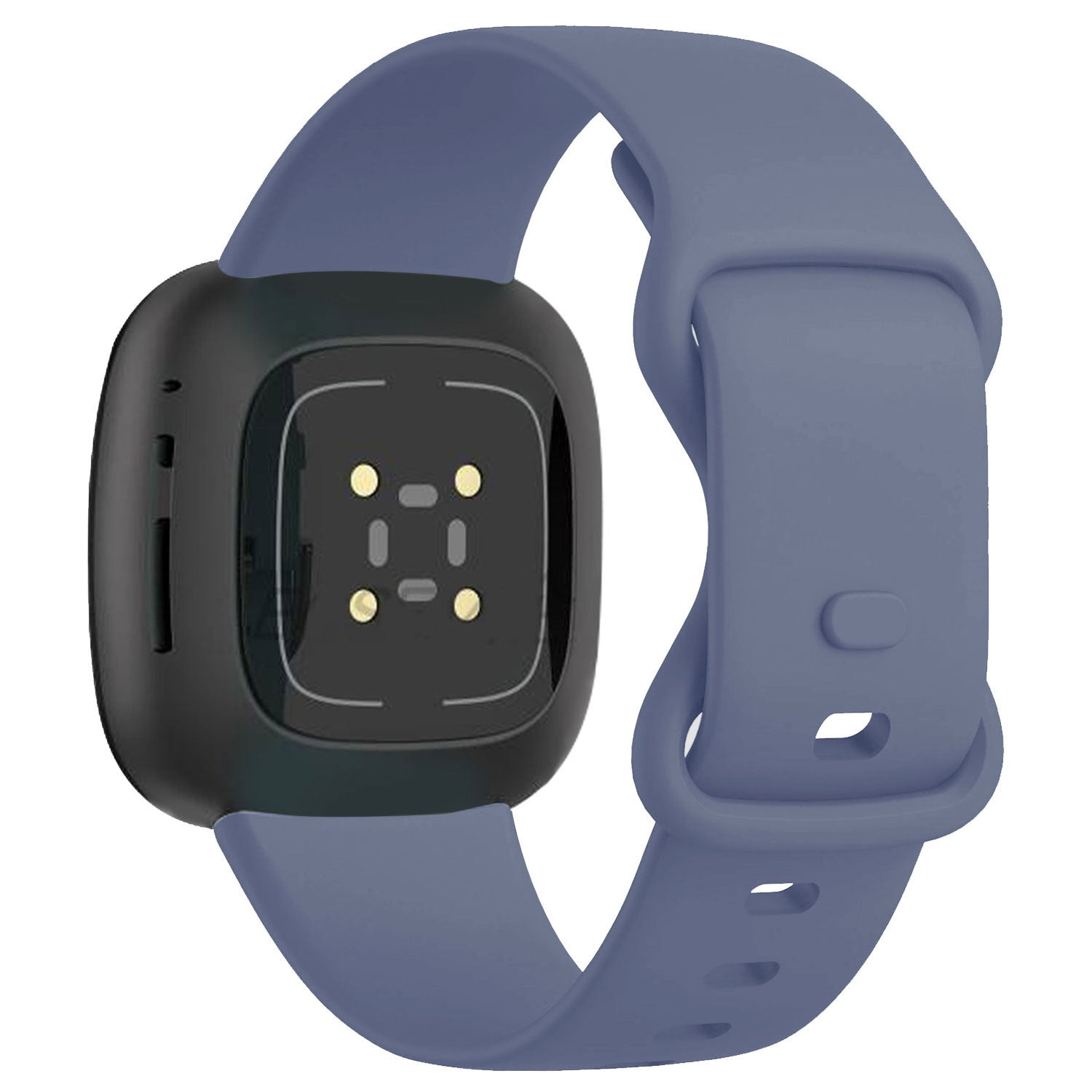 Eine Smartwatch mit schwarzem Gehäuse und blauem Armband. Das Zifferblatt hat Sensoren. Das Armband ist mit dem Gehäuse verbunden.