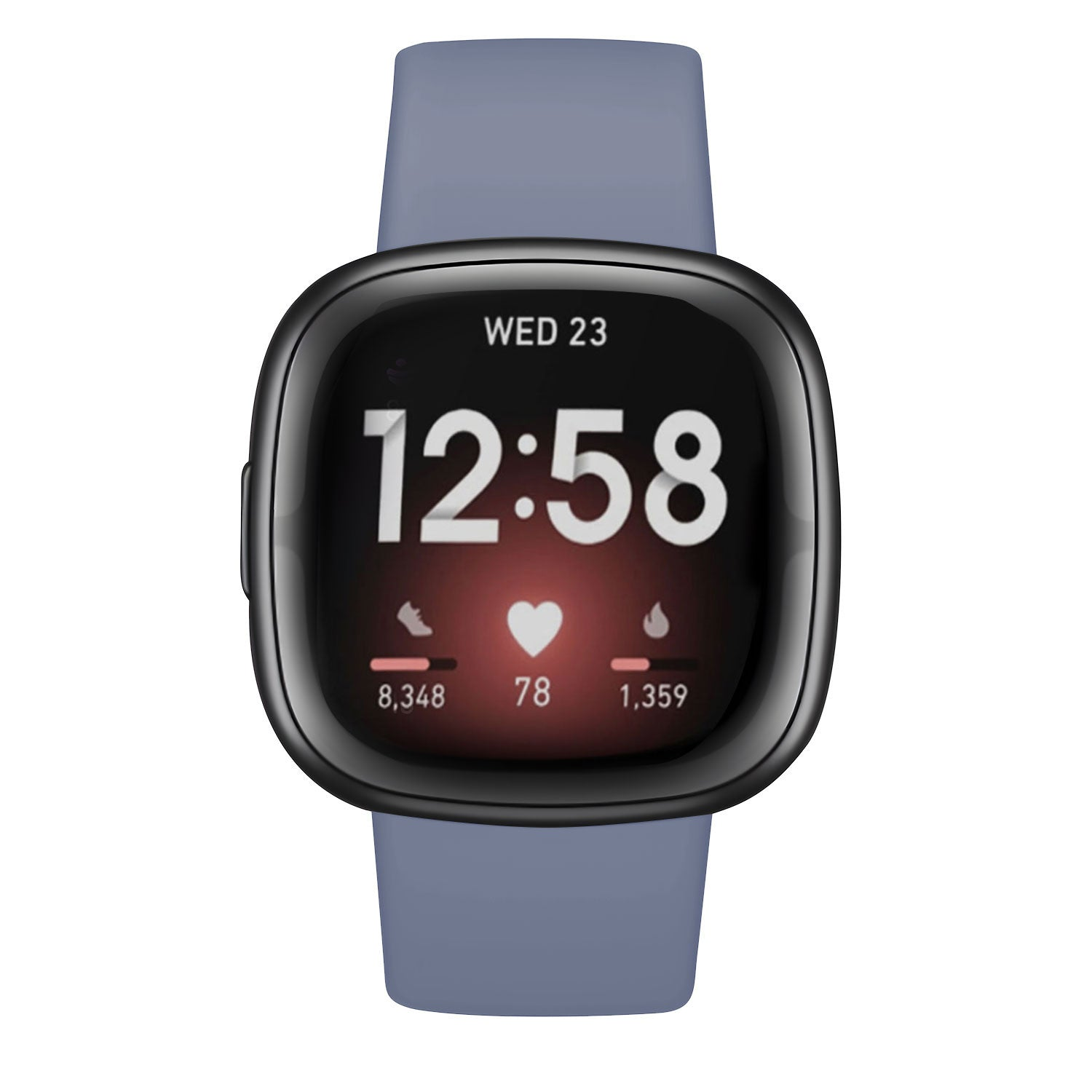 Eine Smartwatch mit schwarzem Rahmen und blauem Armband zeigt die Uhrzeit 12:58 Uhr am Mittwoch, den 23. Sie zeigt Schritte, Herzfrequenz und Kalorien an.