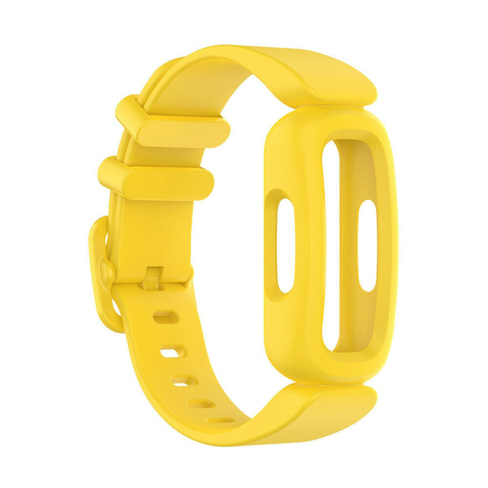 Ein gelbes Uhrenarmband vor weißem Hintergrund. Es hat eine Schnalle und eine Reihe von Löchern zur Anpassung.