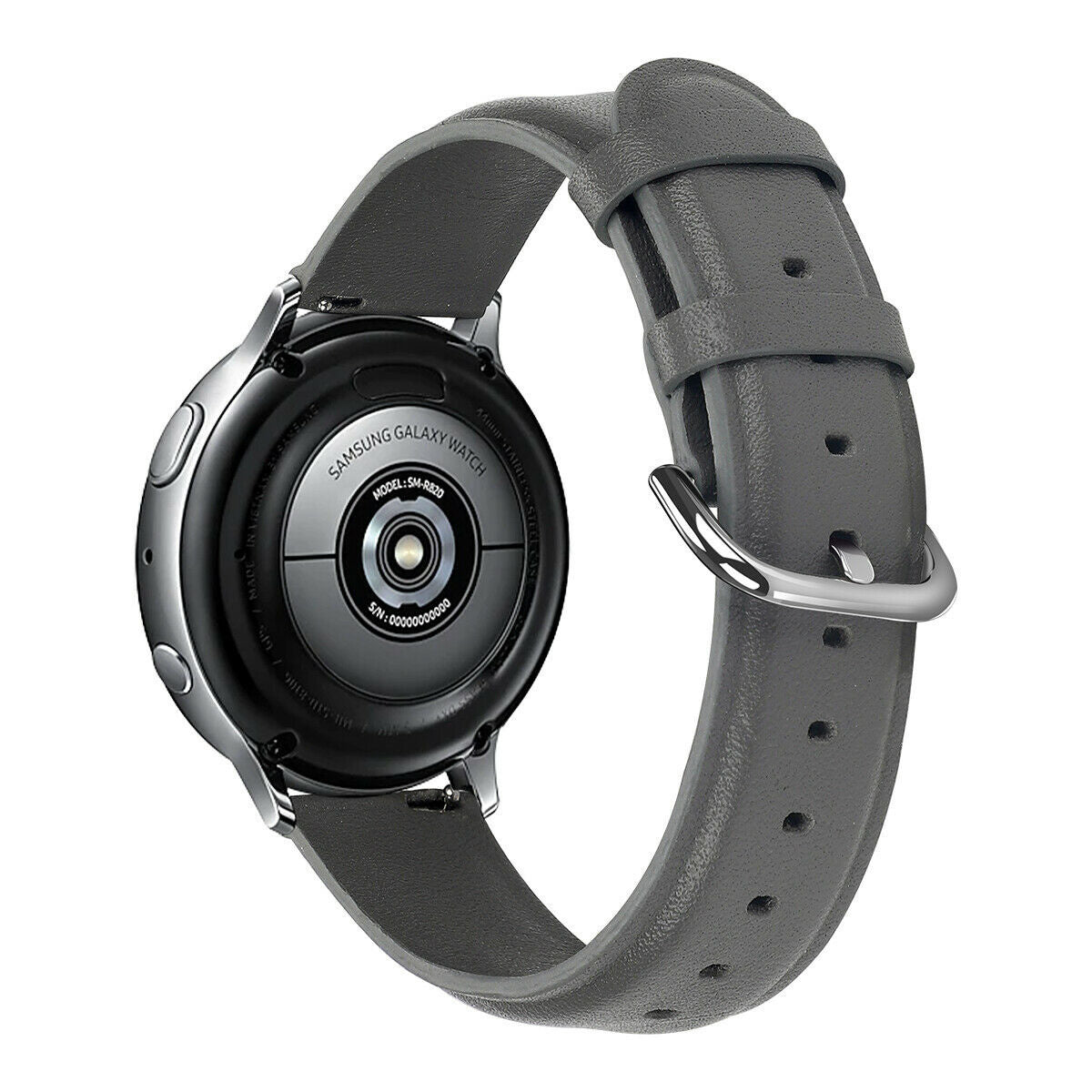 Eine Samsung Galaxy Watch mit grauem Lederarmband. Die Rückseite der Uhr zeigt Modelldetails und Seriennummer. Das Armband hat eine silberne Schnalle.