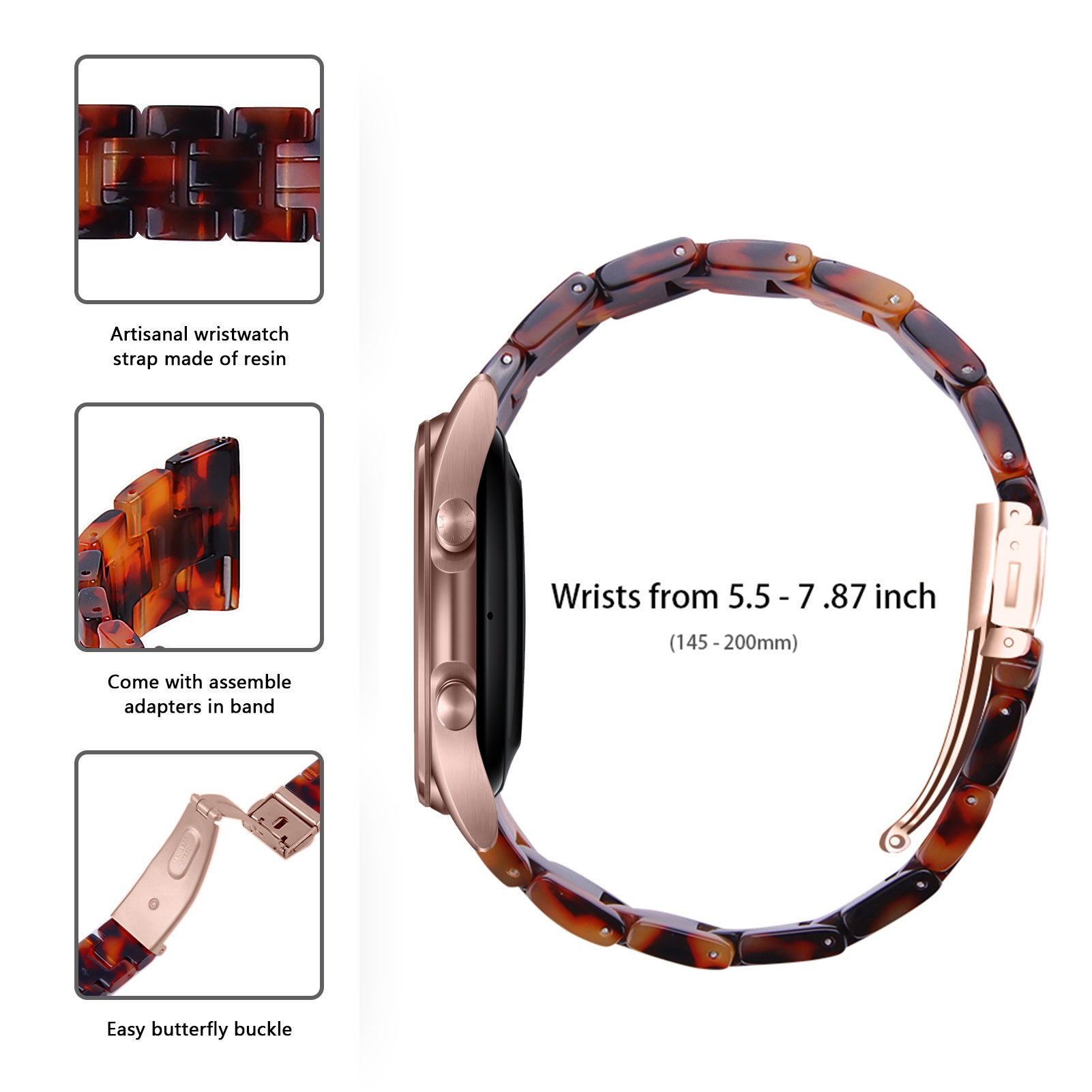 Ein Armbanduhrarmband aus Schildpatt-Harz mit einer roségoldenen Uhr. Details umfassen Schnalle und Montageadapter, mit Handgelenkgrößeninformationen.