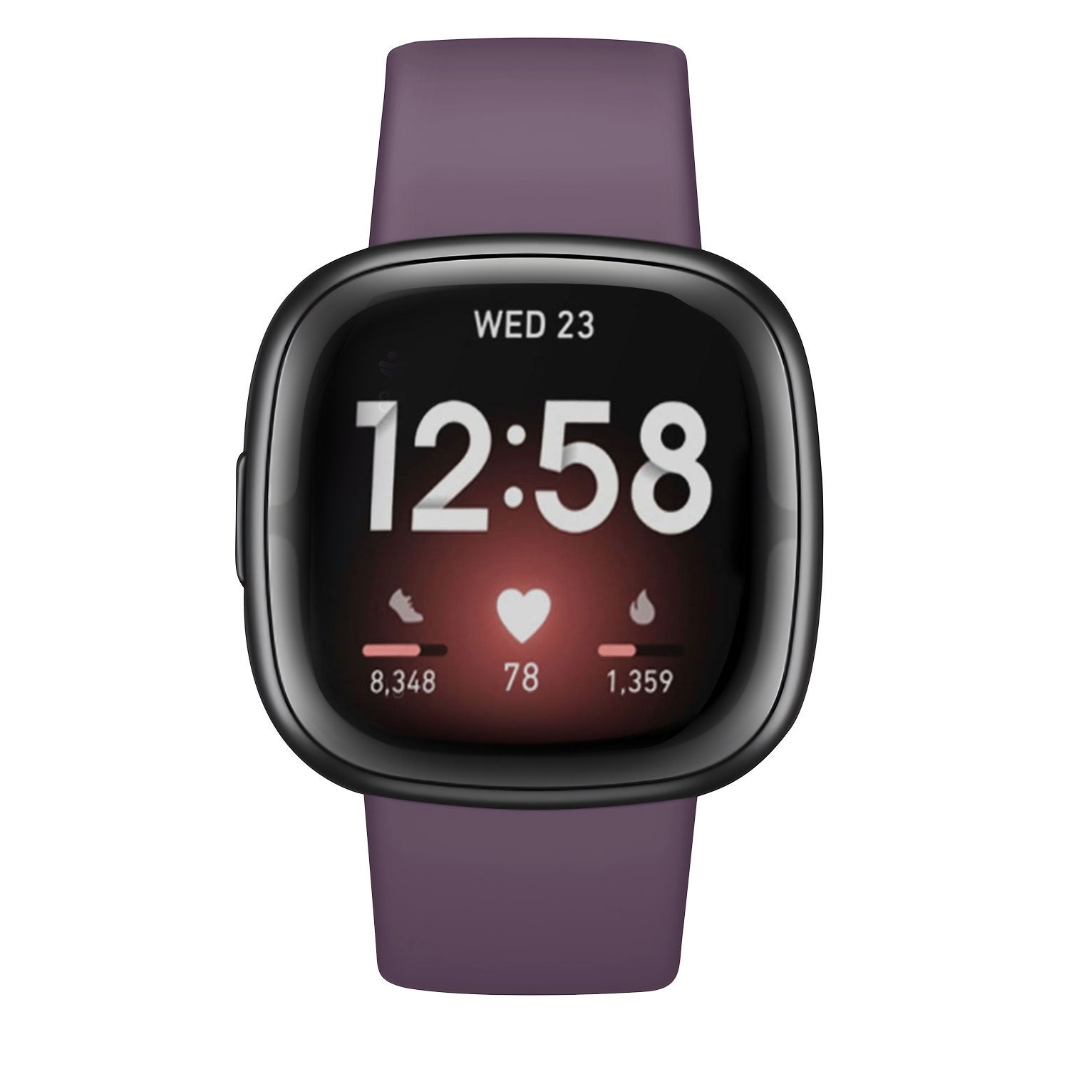 Eine lila Smartwatch zeigt Uhrzeit, Datum, Herzfrequenz und Aktivitätsstatistiken an. Das Armband ist lila. Der Bildschirm ist schwarz mit weißem Text.