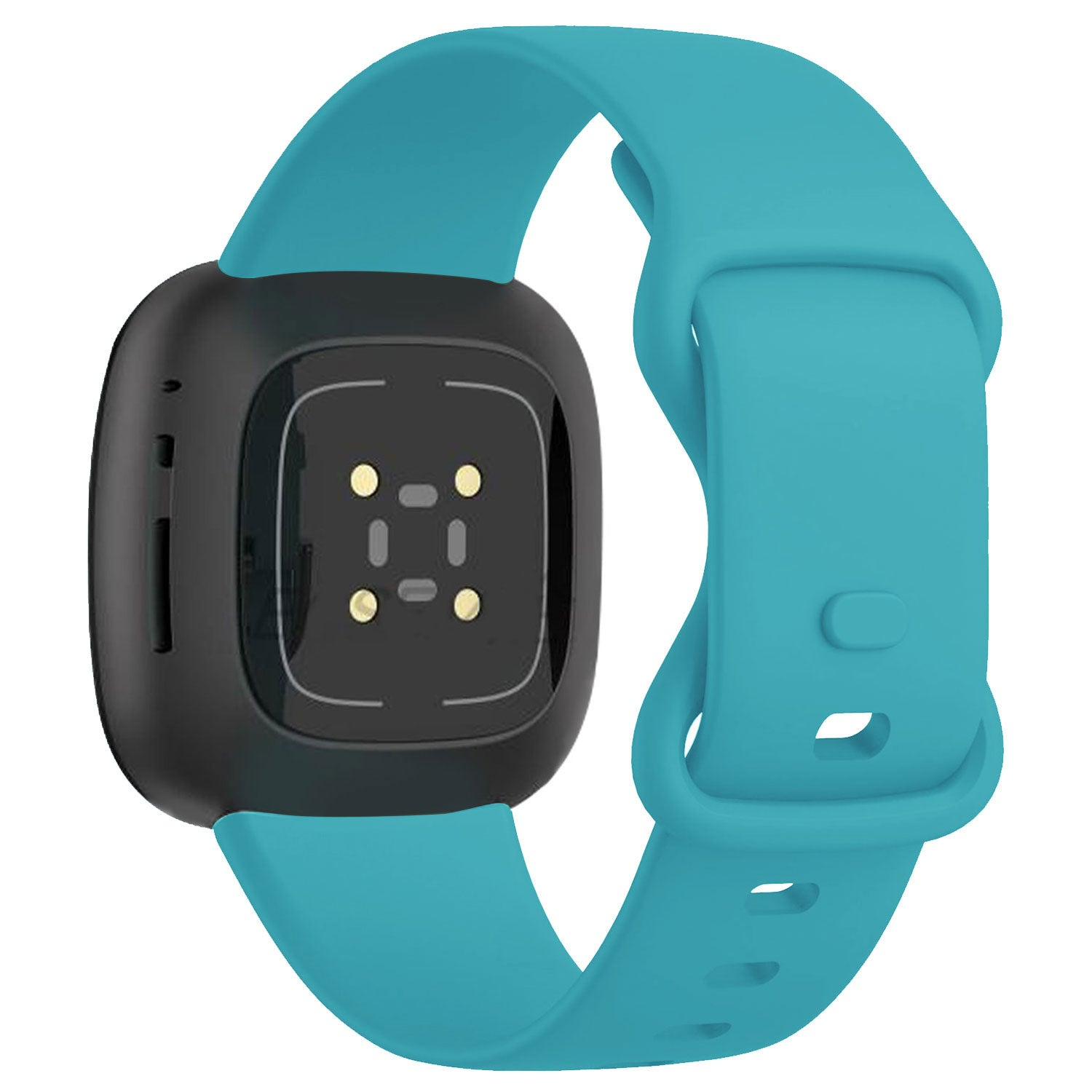 Eine schwarze Smartwatch mit einem türkisfarbenen Armband. Das Zifferblatt ist schwarz mit goldenen Punkten. Das Armband ist türkis, mit Löchern zur Anpassung.