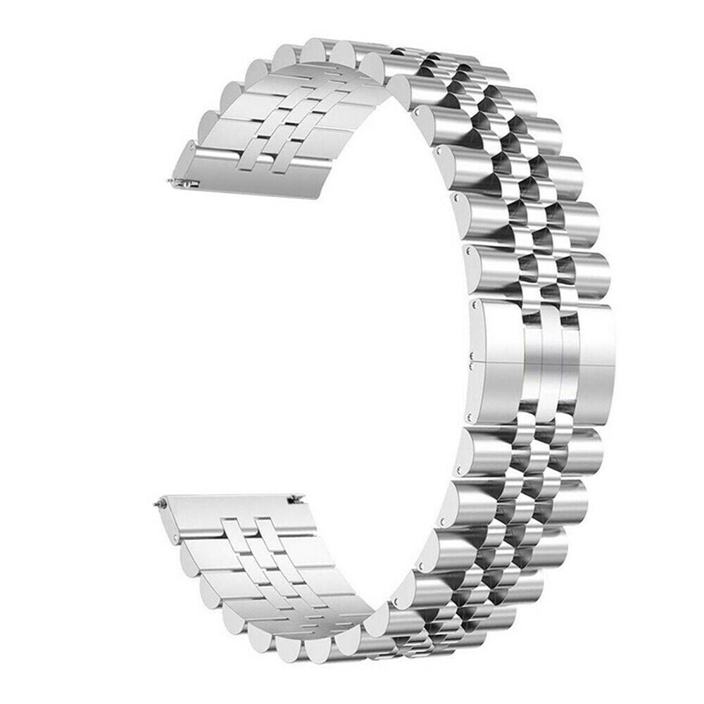 Ein silbernes Uhrenarmband wird vor weißem Hintergrund gezeigt. Das Armband ist gebogen und zeigt seine Metallglieder und einen Verschluss.
