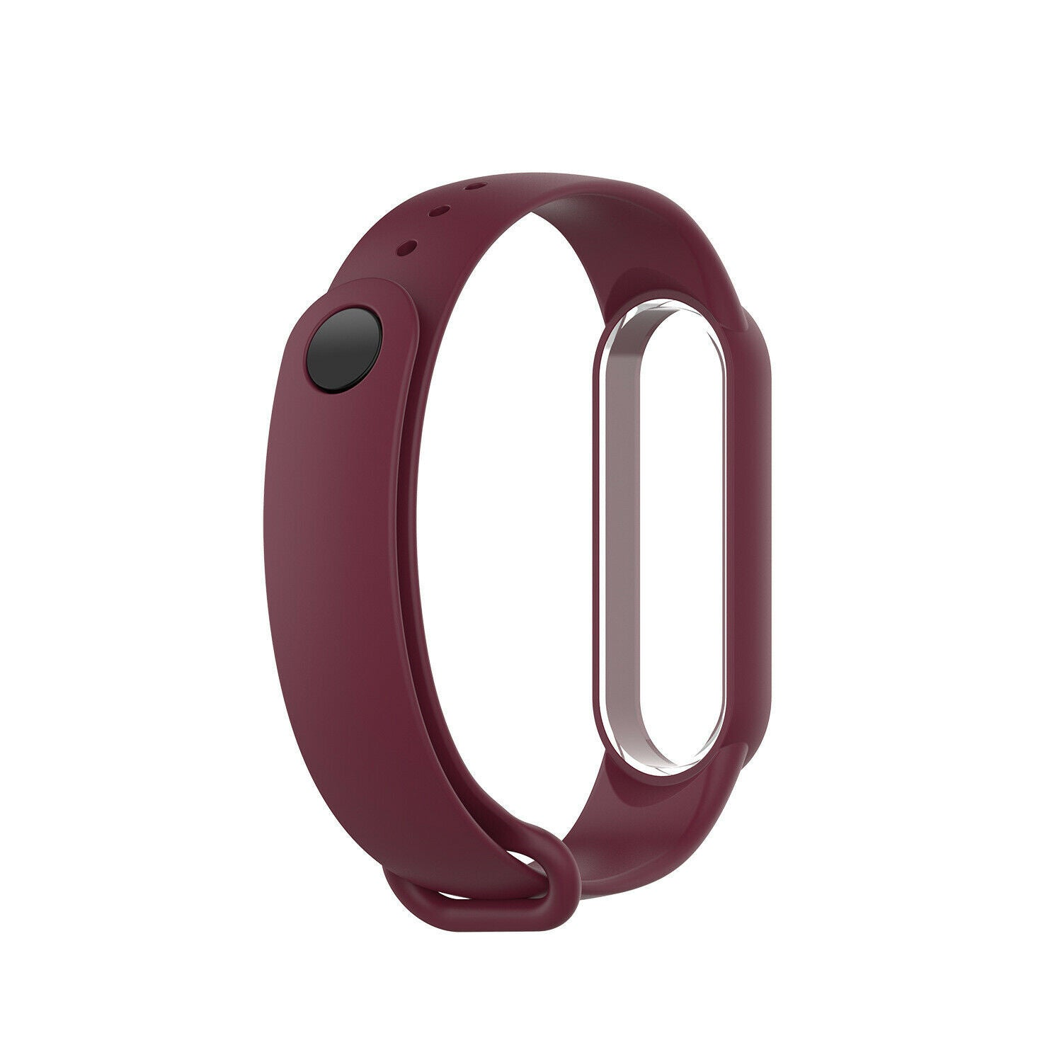 Ein weinrotes Smartband vor weißem Hintergrund. Es hat einen schwarzen Knopf und einen silberfarbenen Bildschirmbereich. Das Band ist gebogen.