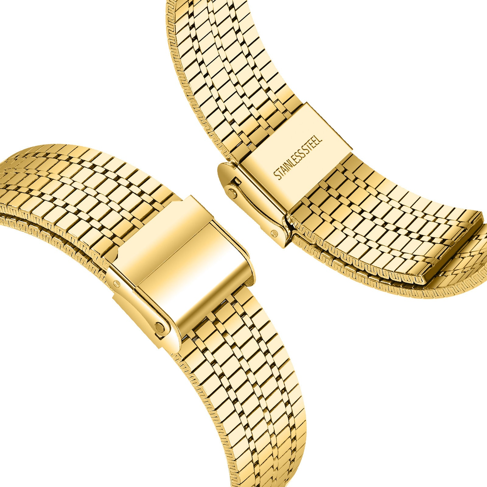 Nahaufnahme eines goldenen Edelstahl-Uhrenarmbands. Das Band besteht aus kleinen, verbundenen rechteckigen Gliedern.
