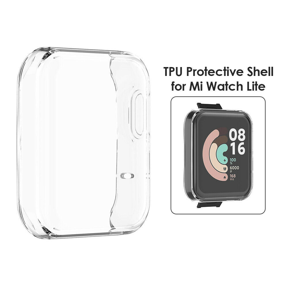 Transparente TPU-Schutzhülle für Mi Watch Lite. Eine Uhr mit Anzeige von Zeit und Statistiken liegt neben der Hülle.