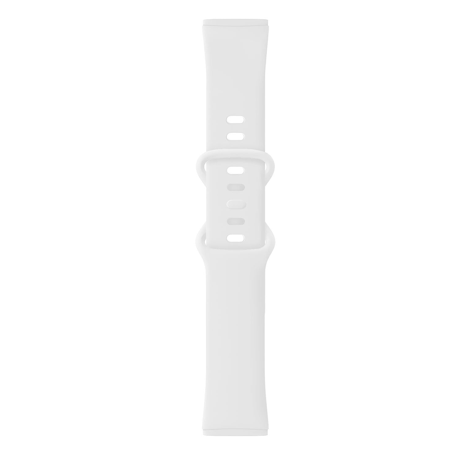 Ein weißes Armband für eine Smartwatch ist auf weißem Hintergrund zentriert. Das Armband besteht aus zwei langen Teilen mit einer Schnalle in der Mitte.