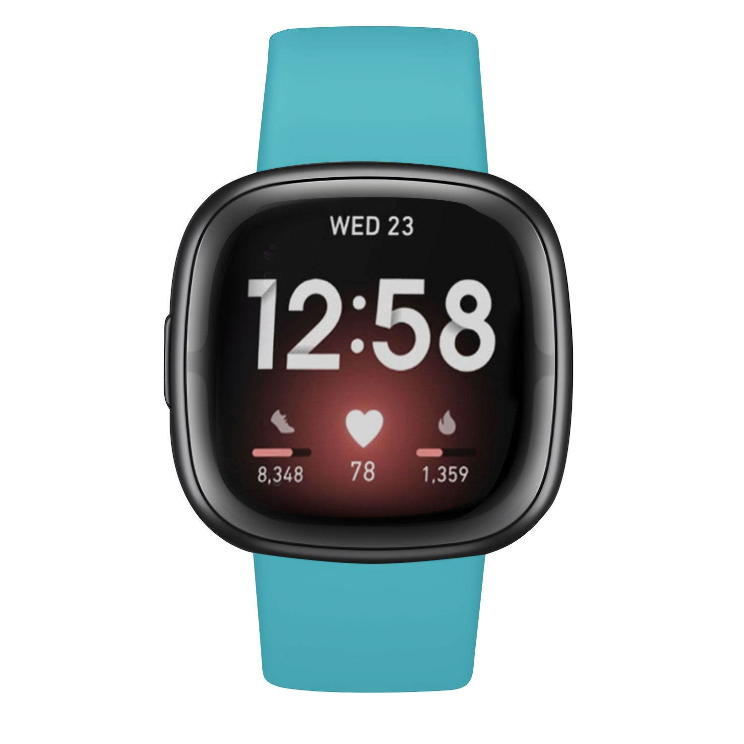 Eine Smartwatch zeigt 12:58 Uhr am Mittwoch, den 23. Sie hat einen schwarzen Rahmen, ein türkisfarbenes Armband und zeigt Schritte, Herzfrequenz und Kalorien an.