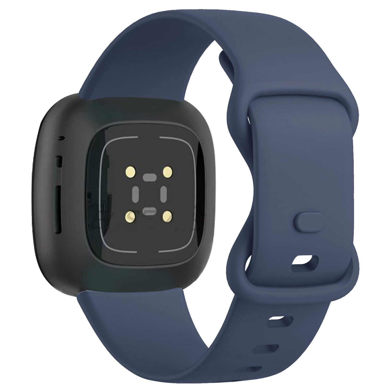 Eine Smartwatch mit schwarzem Gehäuse und blauem Armband. Die Uhr hat einen Herzfrequenzsensor. Das Armband ist geschnallt.