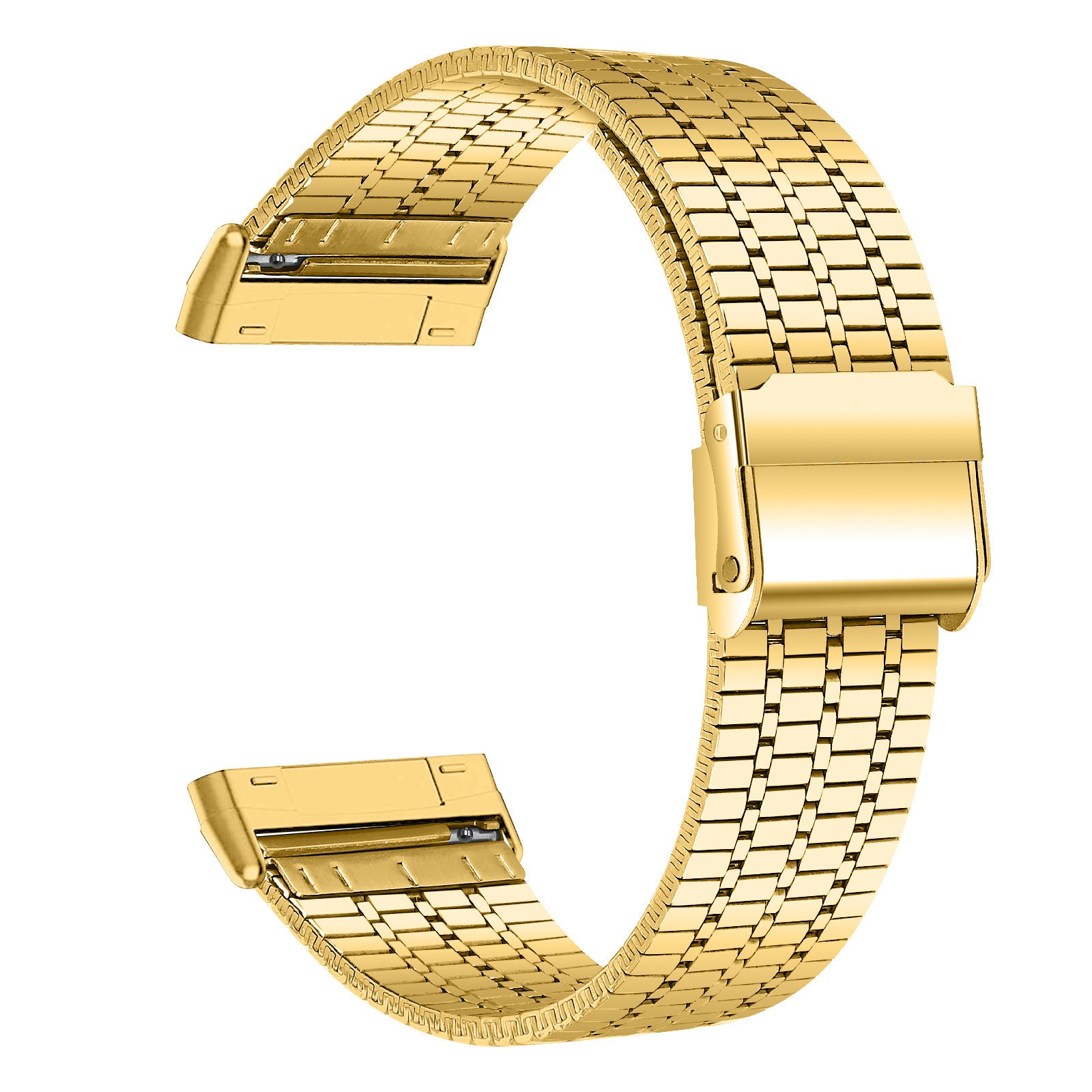 Ein gebogenes, goldfarbenes Uhrenarmband. Es besteht aus miteinander verbundenen rechteckigen Gliedern mit einem Verschluss.