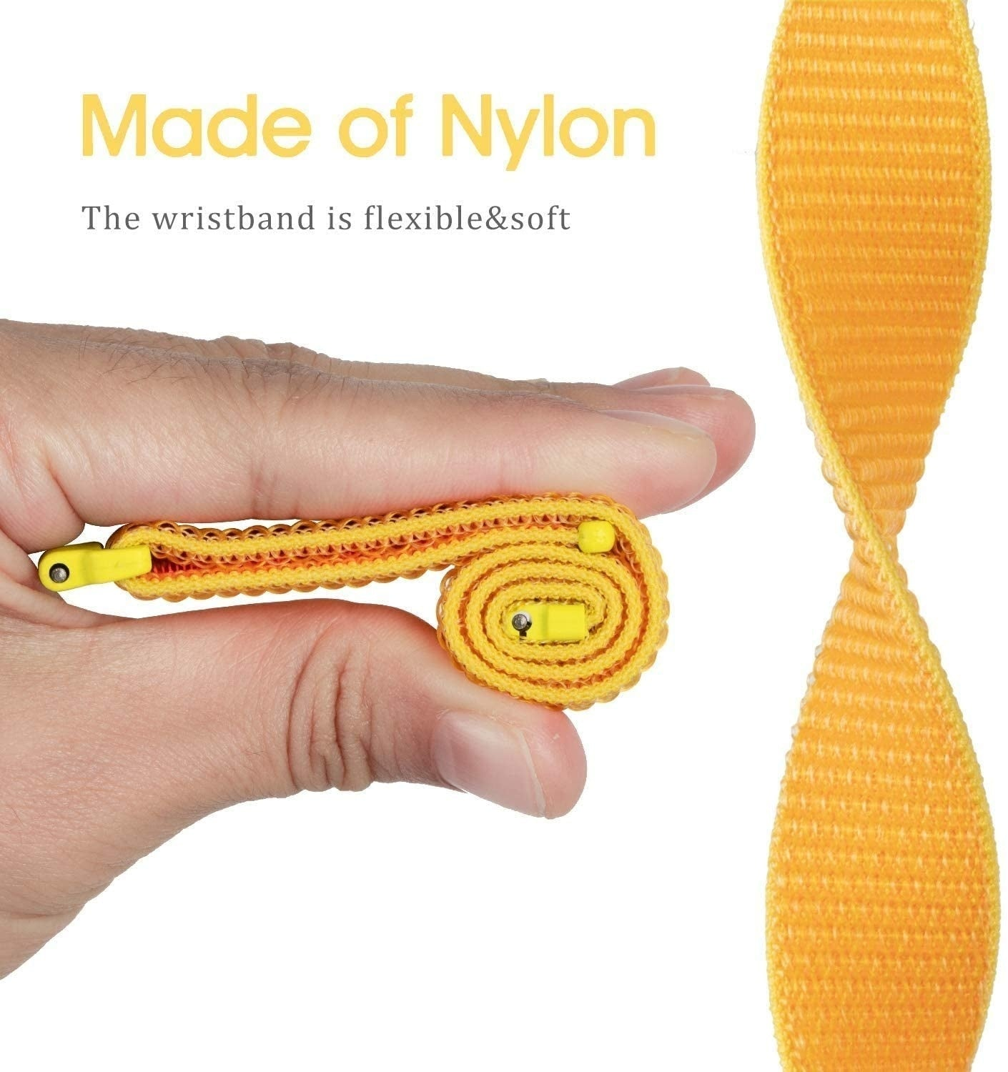 Eine Hand hält ein aufgerolltes gelbes Nylon-Armband. Das Armband ist flexibel und weich. Der Hintergrund ist weiß mit einem gelben Riemen.