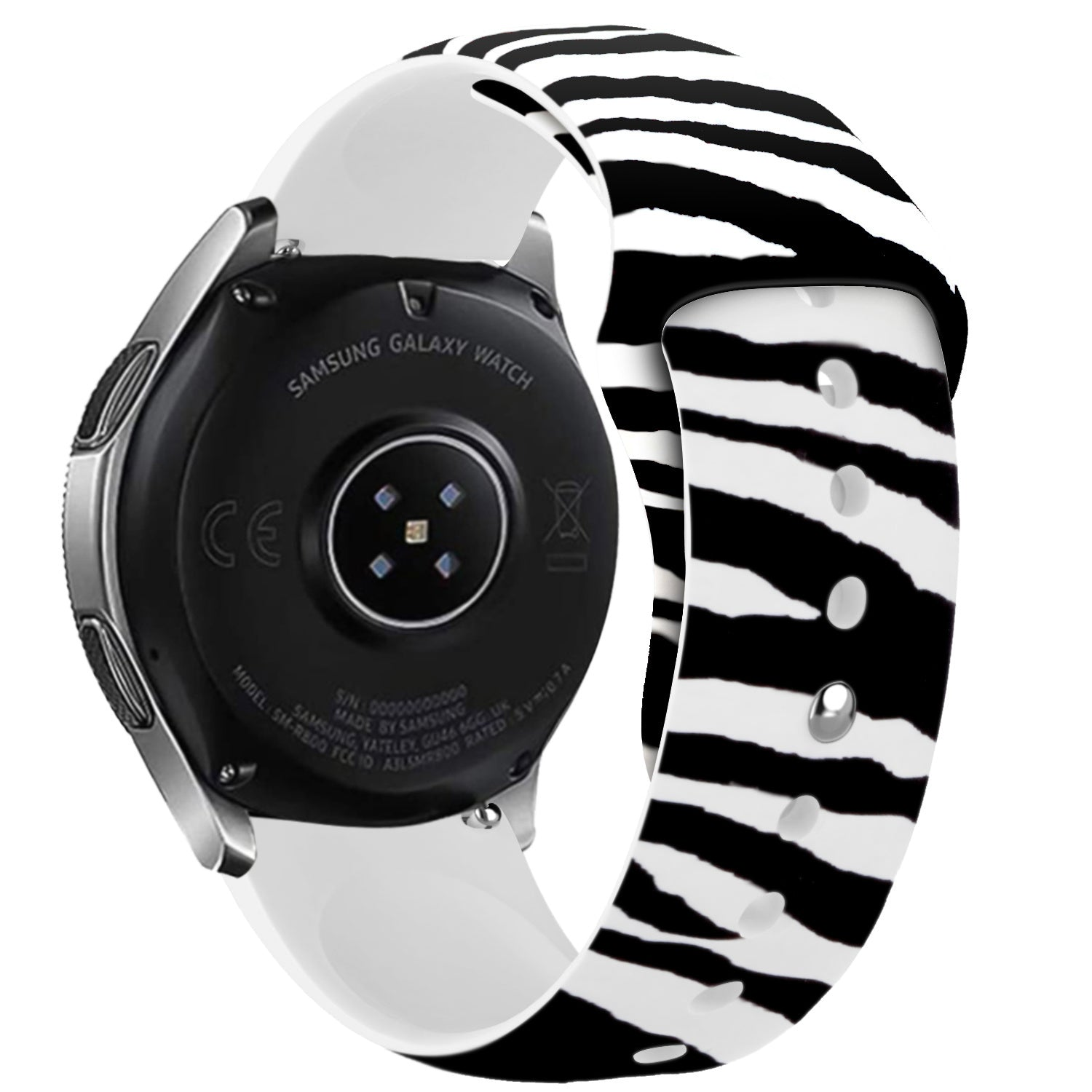 Eine Samsung Galaxy Watch mit weißem und zebrastreifigem Armband. Die Uhr ist schwarz, mit silbernen Akzenten und Text auf der Rückseite.