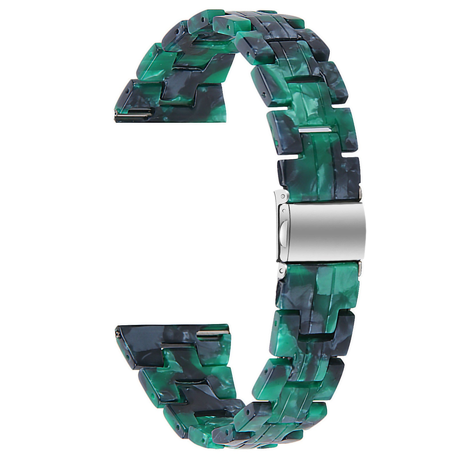 Ein Uhrenarmband mit grünem und schwarzem Marmormuster. Es hat einen silbernen Verschluss und ein zusammenhängendes Design.
