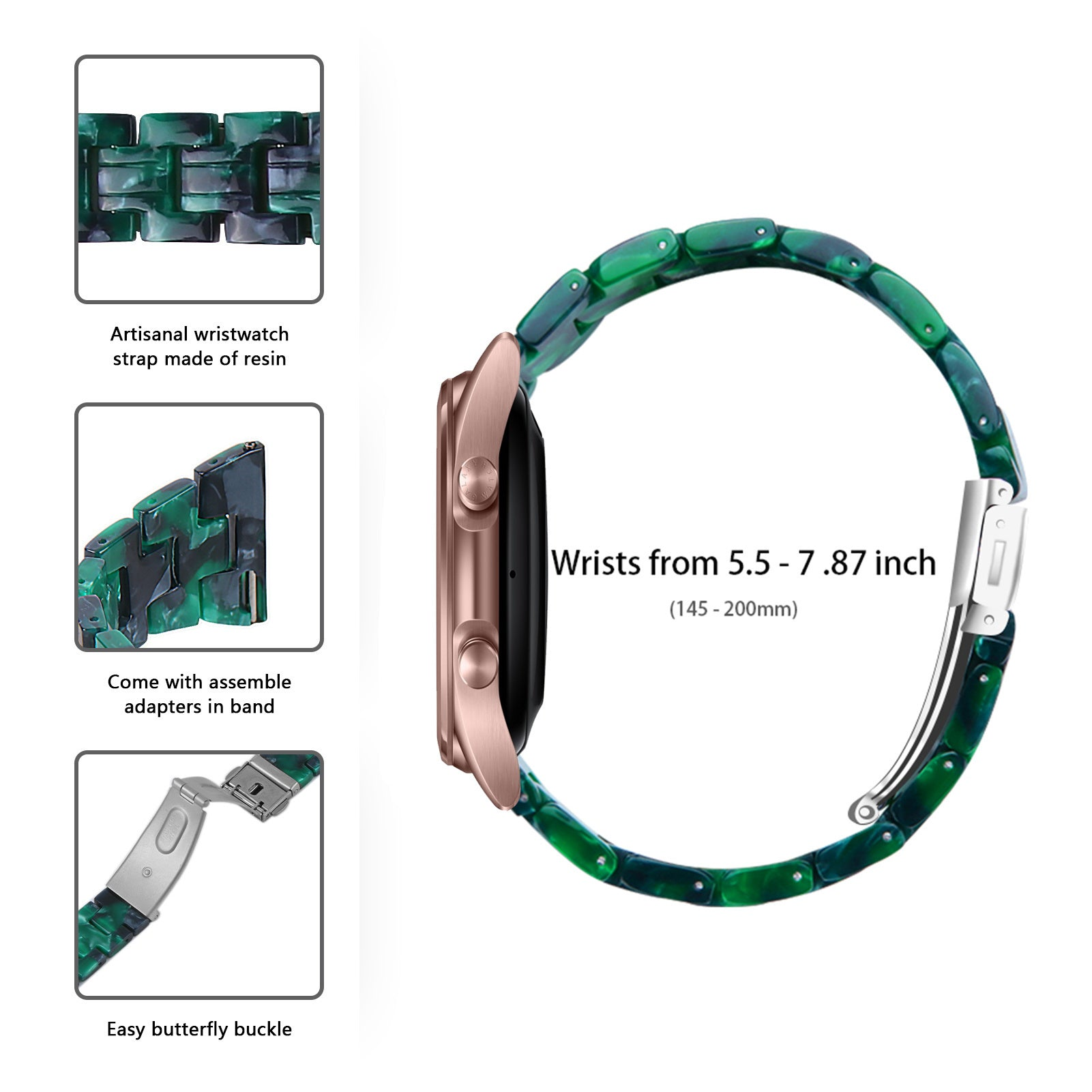 Eine roségoldene Smartwatch mit einem grünen Harzband. Enthält Textfelder mit Details zum Band und zur Schnalle.