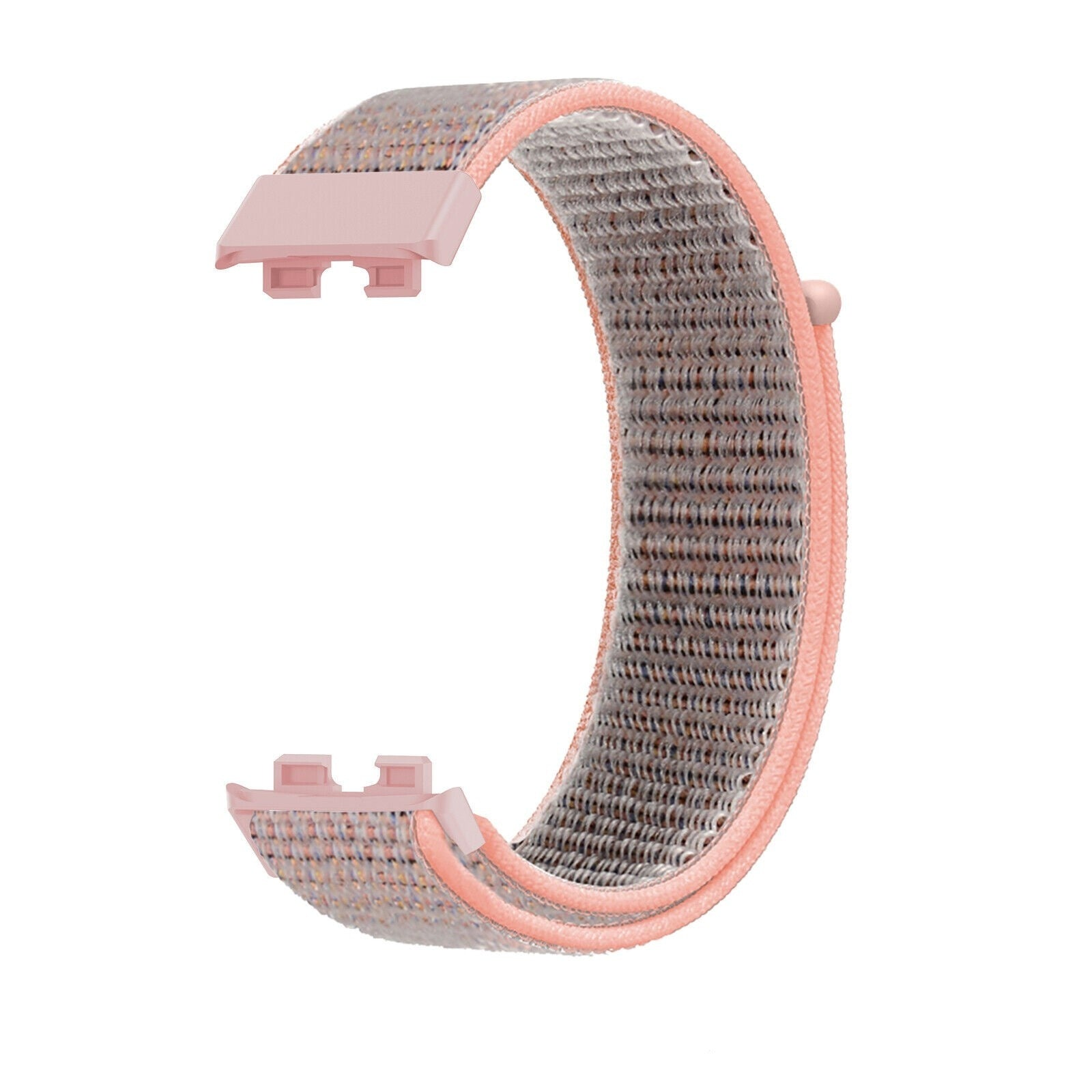 Armbanduhrband in Rosa und Grau. Das Band besteht aus gewebtem Stoff und hat rosafarbene Kunststoffverbinder.