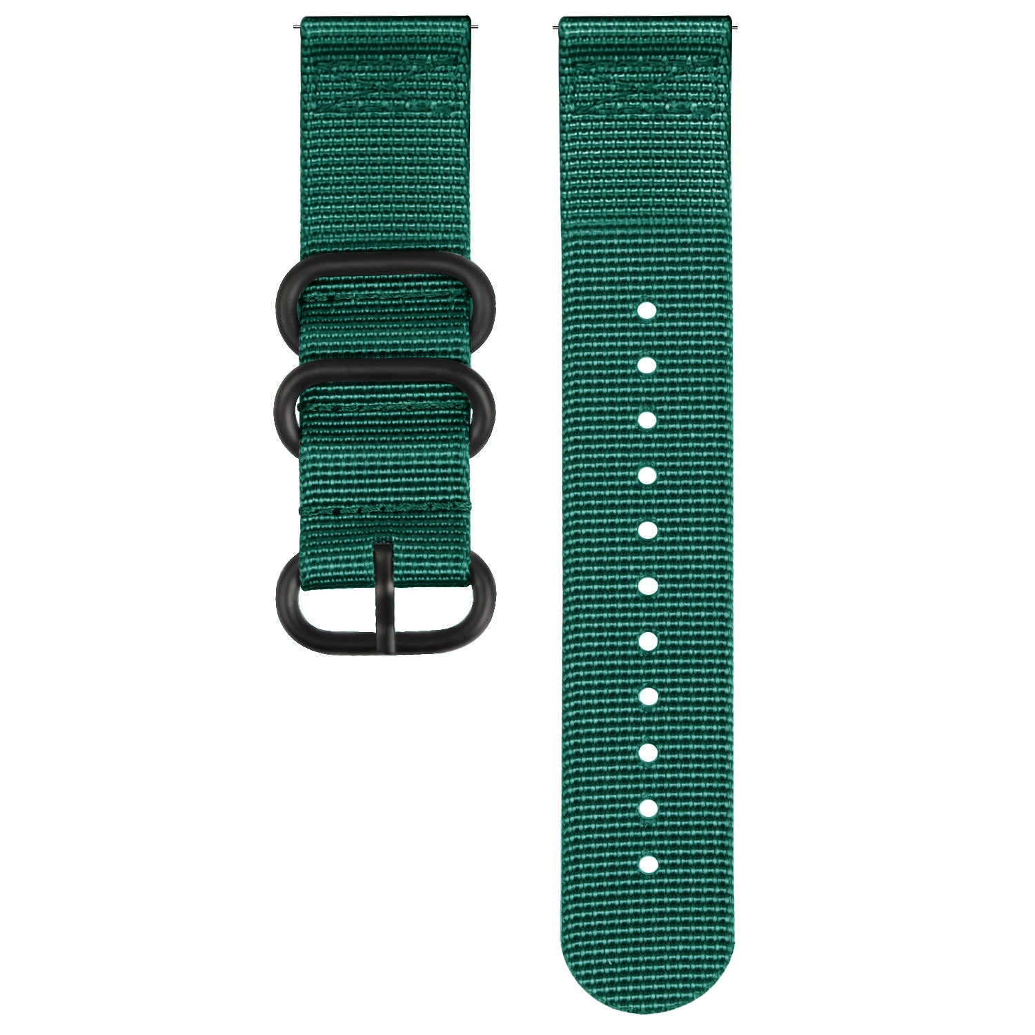 Zweiteiliges Uhrenarmband. Grünes Gewebe mit schwarzen Metallschlaufen und Schnalle. Ein Armband hat Löcher.