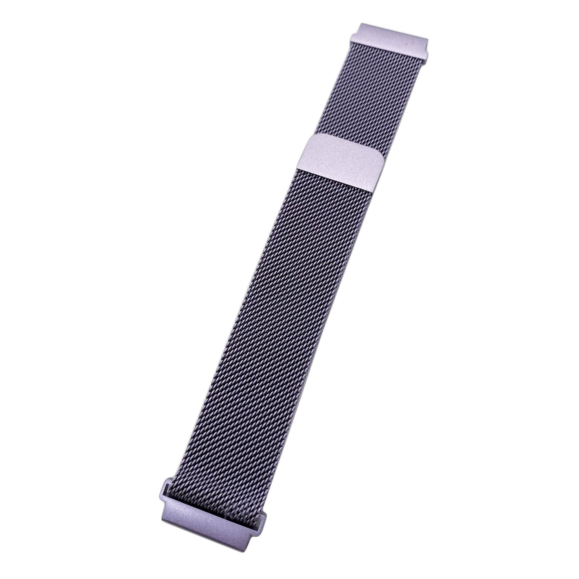 Ein silbernes Uhrenarmband liegt diagonal auf weißem Hintergrund. Es besteht aus gewebtem Metallgeflecht mit einem Verschluss an jedem Ende.