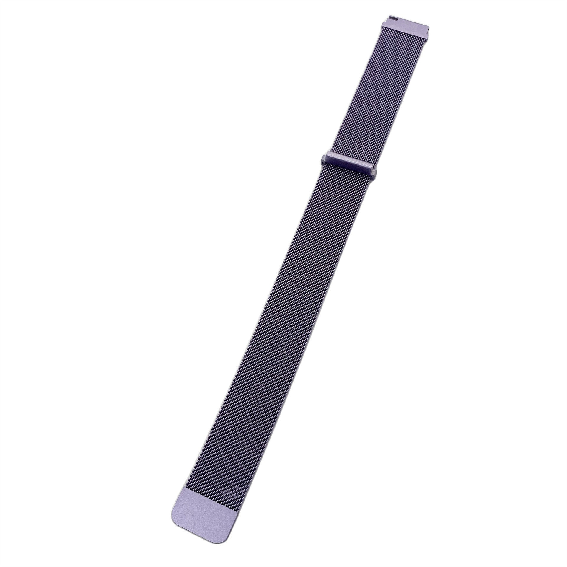 Ein metallisches Mesh-Uhrenarmband, das auf weißem Hintergrund abgewinkelt ist. Das Armband ist dunkelviolett und besteht aus eng gewebtem Metall.