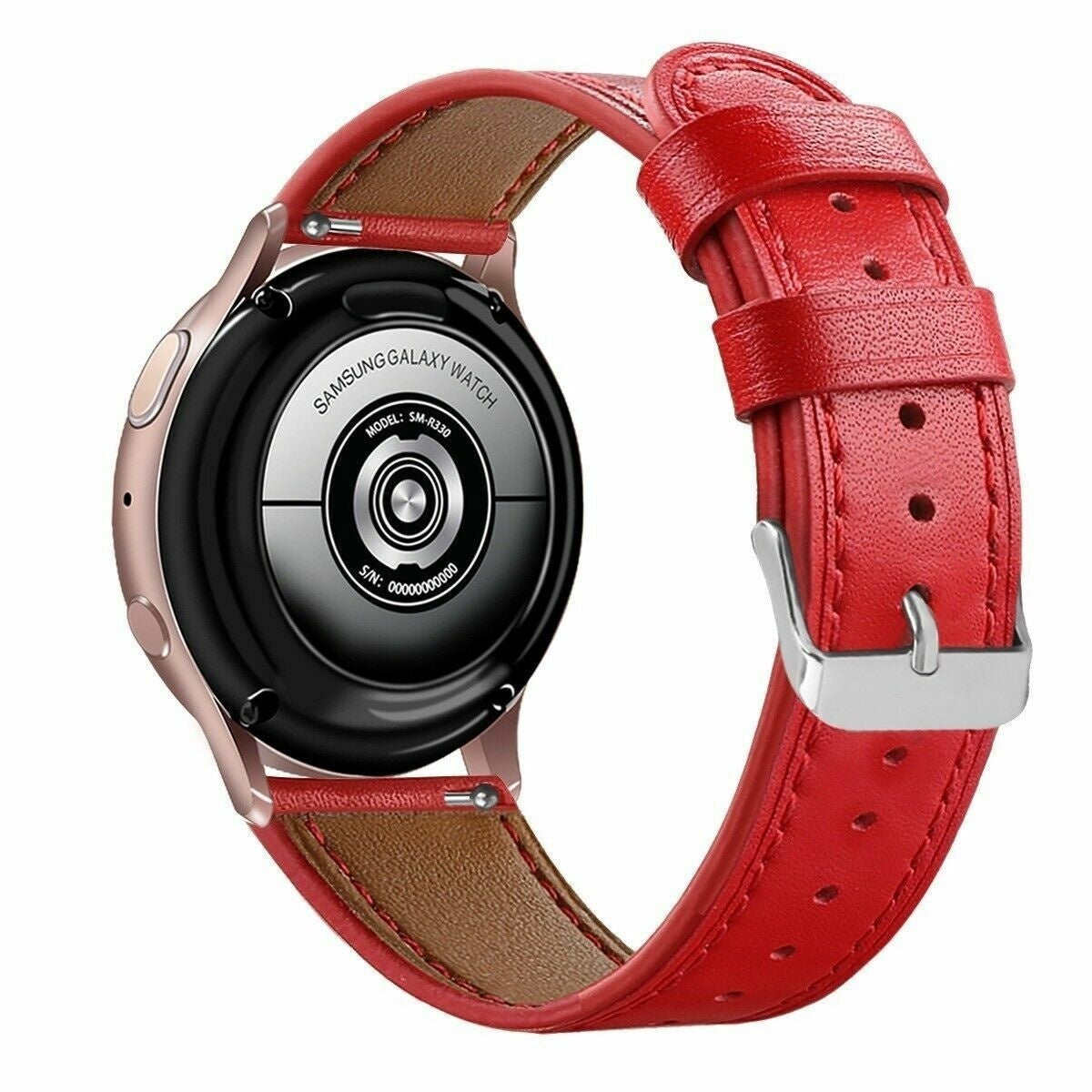 Eine Samsung Galaxy Watch mit rotem Lederarmband. Das Zifferblatt ist schwarz, mit Details und Seriennummer sichtbar.