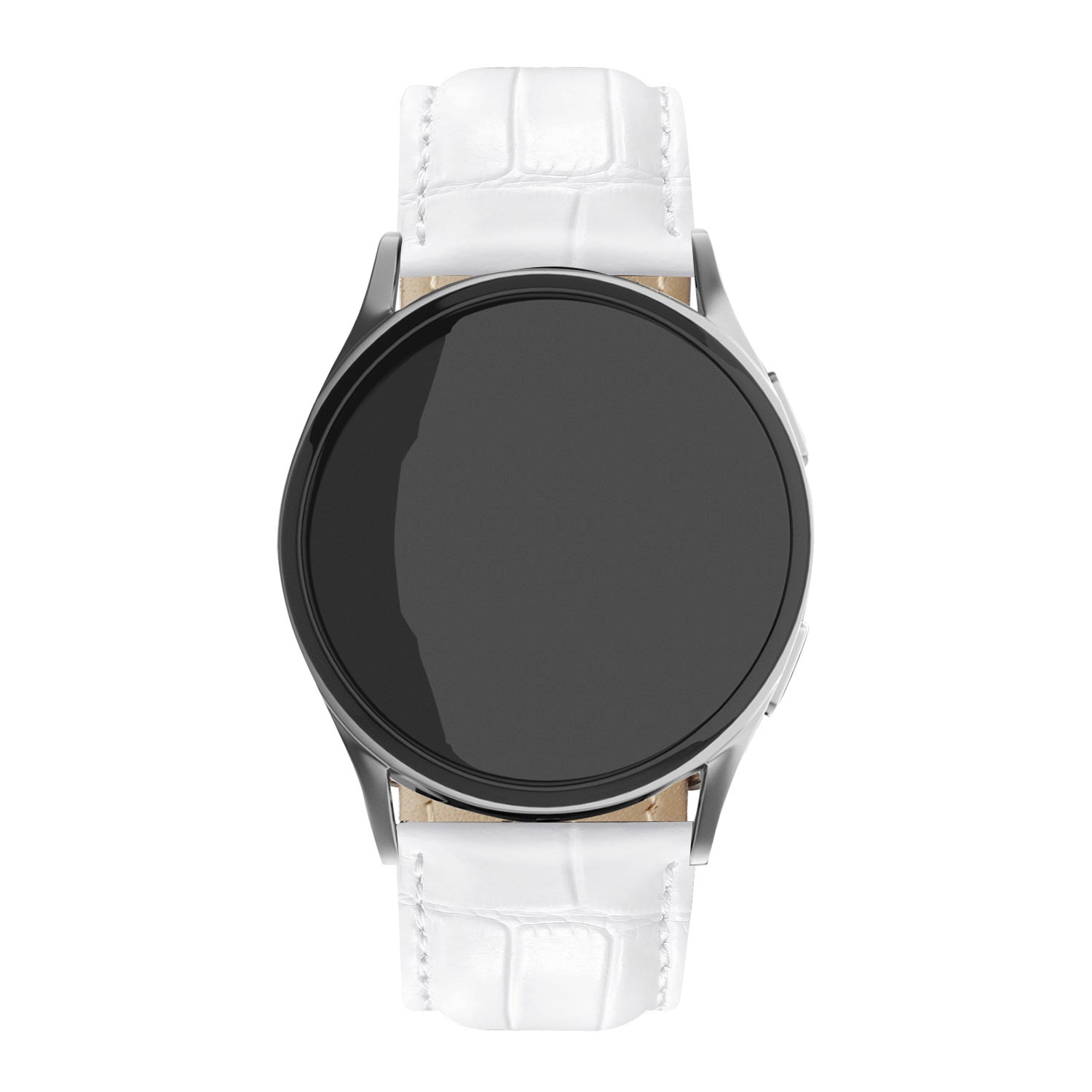 Eine silberne Smartwatch mit schwarzem Bildschirm und weißen Lederarmbändern. Die Uhr ist zentriert, der Hintergrund ist weiß.