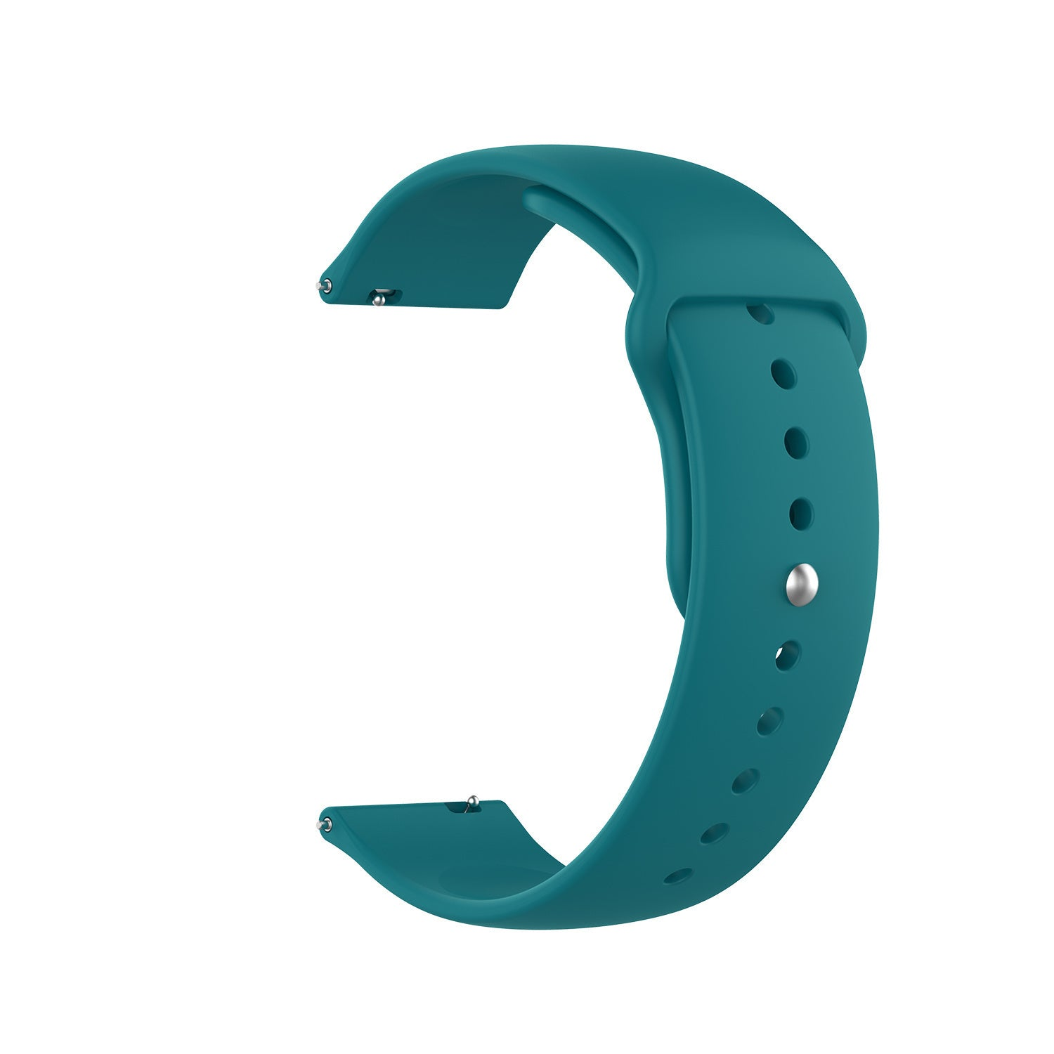 Türkisfarbenes Uhrenarmband. Gebogene Form mit Löchern und einem silbernen Stift. Zwei kleine Metallstifte an den Enden.