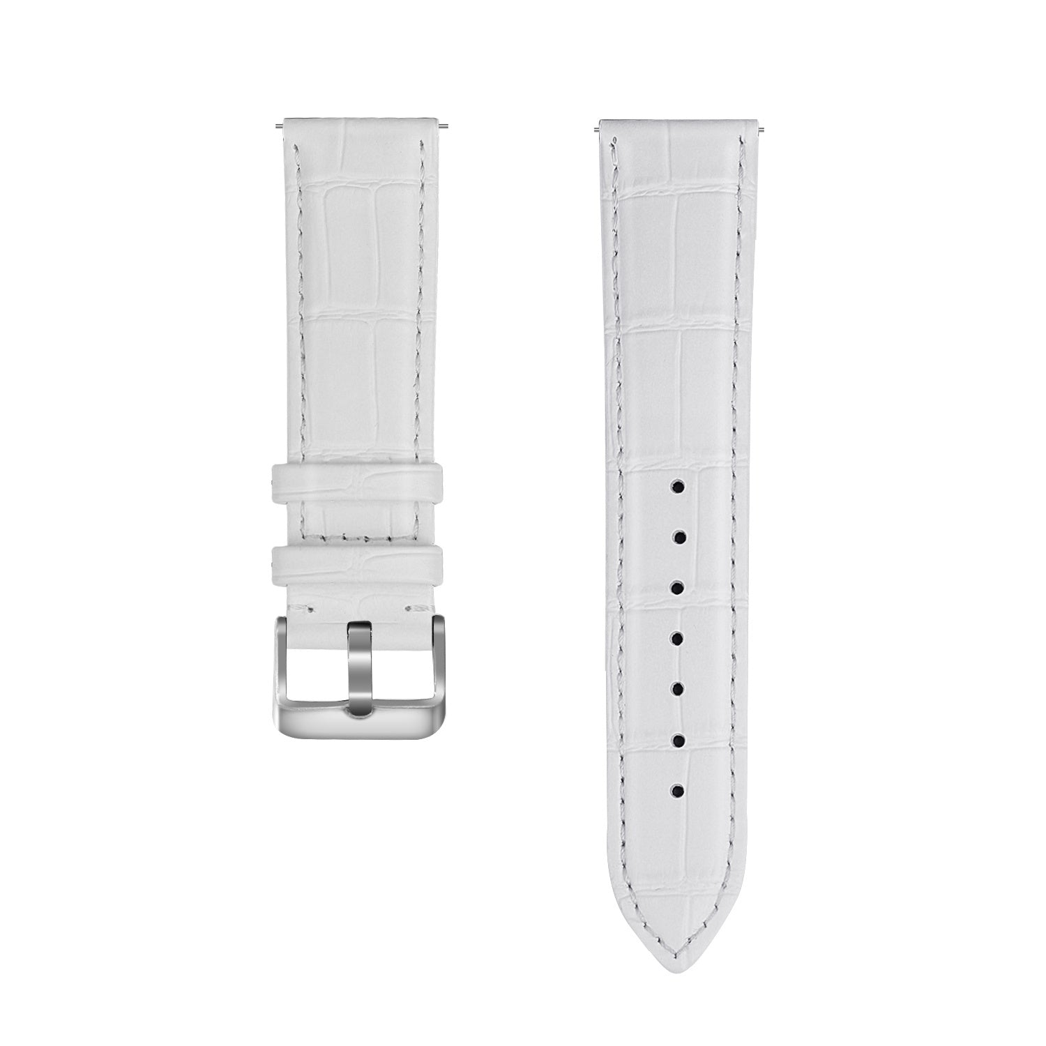Zwei weiße Leder-Uhrenarmbänder auf weißem Hintergrund. Eines hat eine Schnalle, das andere Löcher zur Anpassung. Beide haben Krokodilmuster.