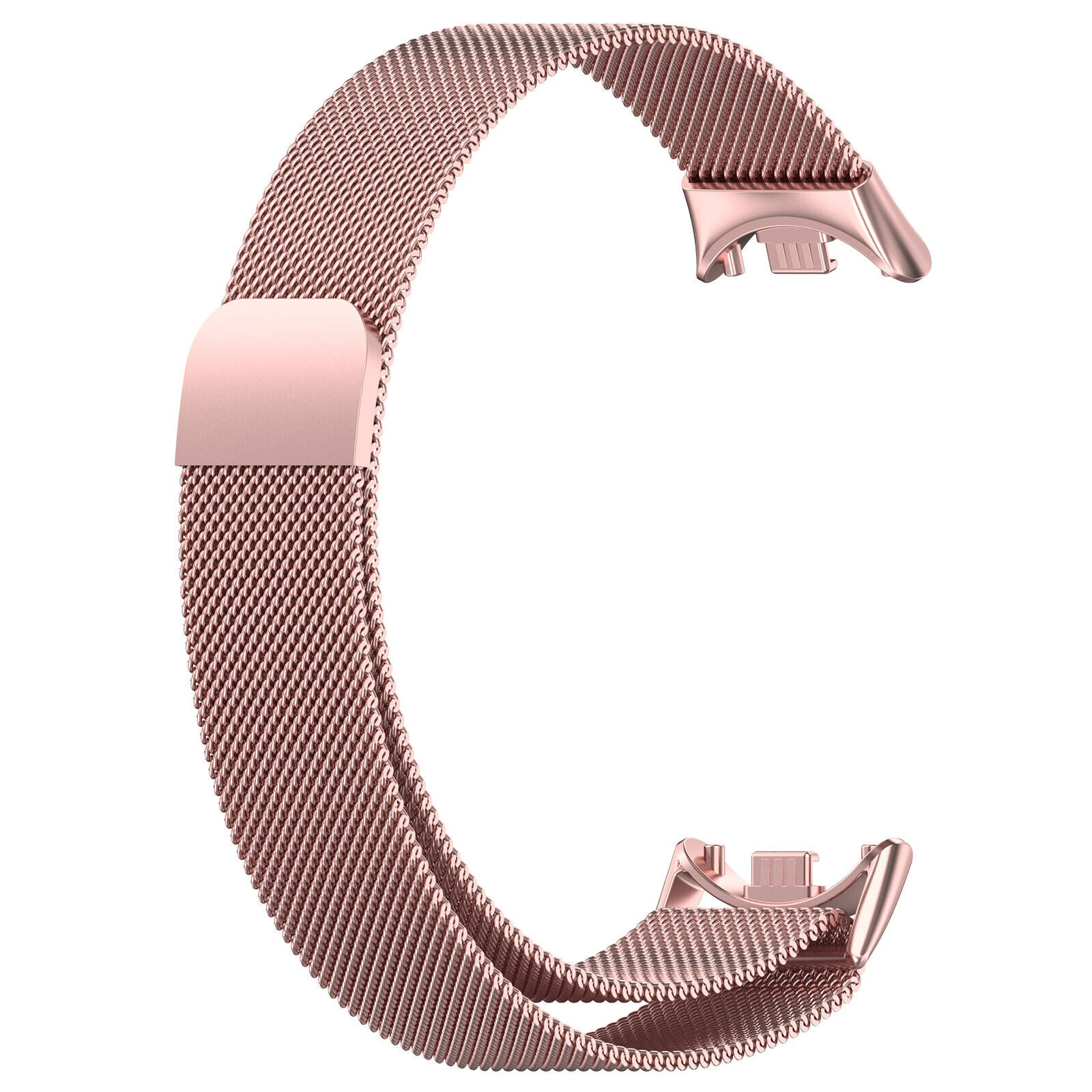 Ein roségoldenes Metall-Mesh-Armband in C-Form vor weißem Hintergrund. Es hat Anschlüsse an jedem Ende.