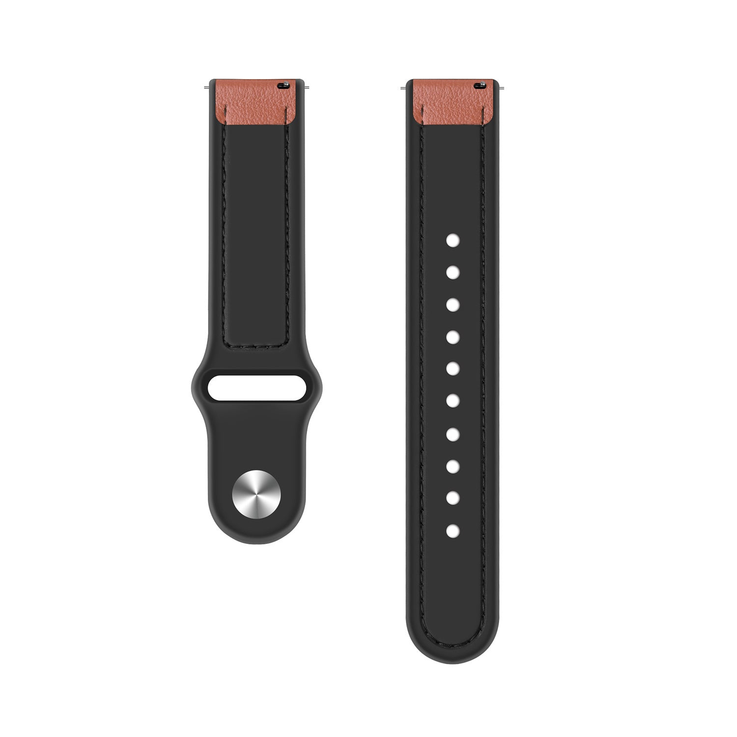 Zwei schwarze Uhrenarmbänder mit braunen Lederspitzen. Ein Armband hat eine Schnalle, das andere Löcher zur Verstellung. Weißer Hintergrund.