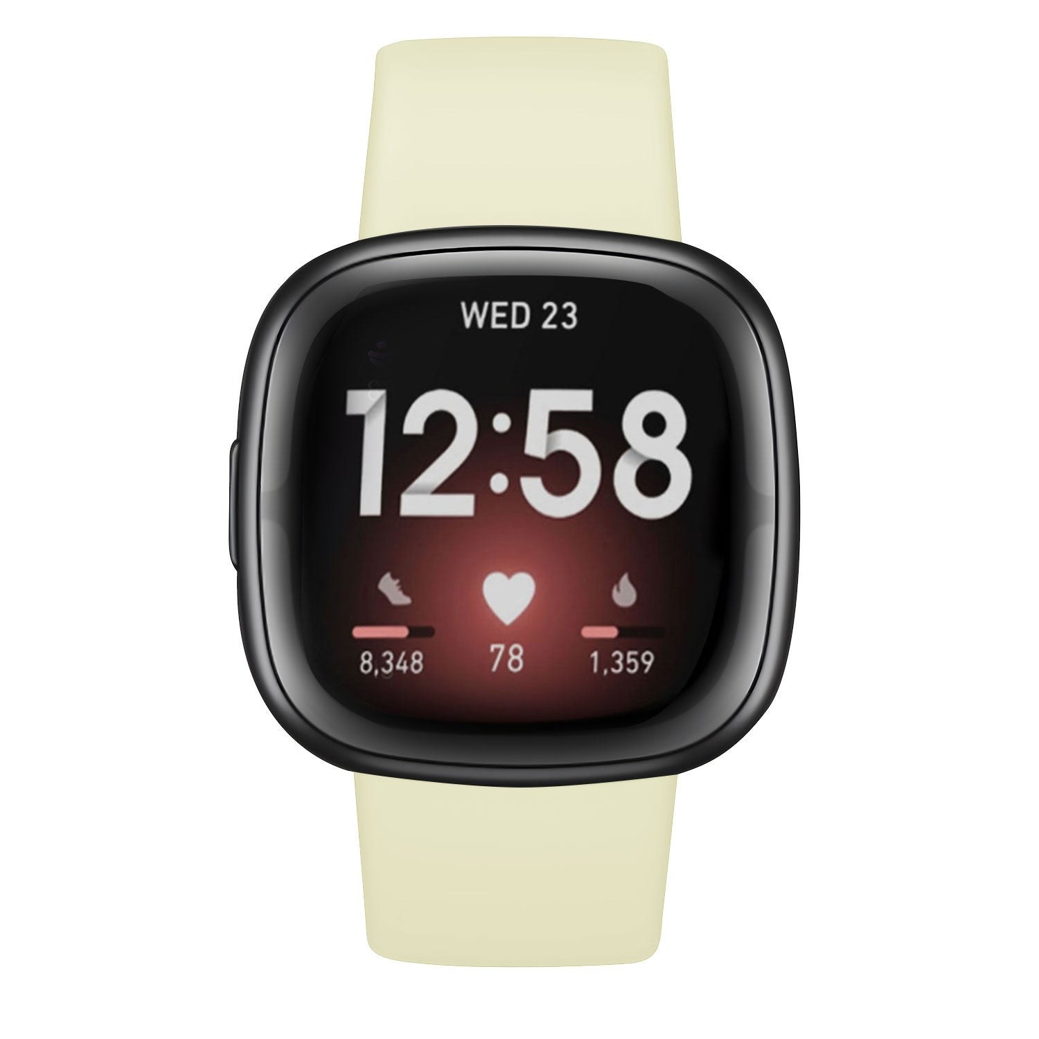 Eine Smartwatch mit schwarzem Rahmen und cremefarbenen Armbändern zeigt Uhrzeit, Datum, Schritte, Herzfrequenz und Kalorienverbrauch an.