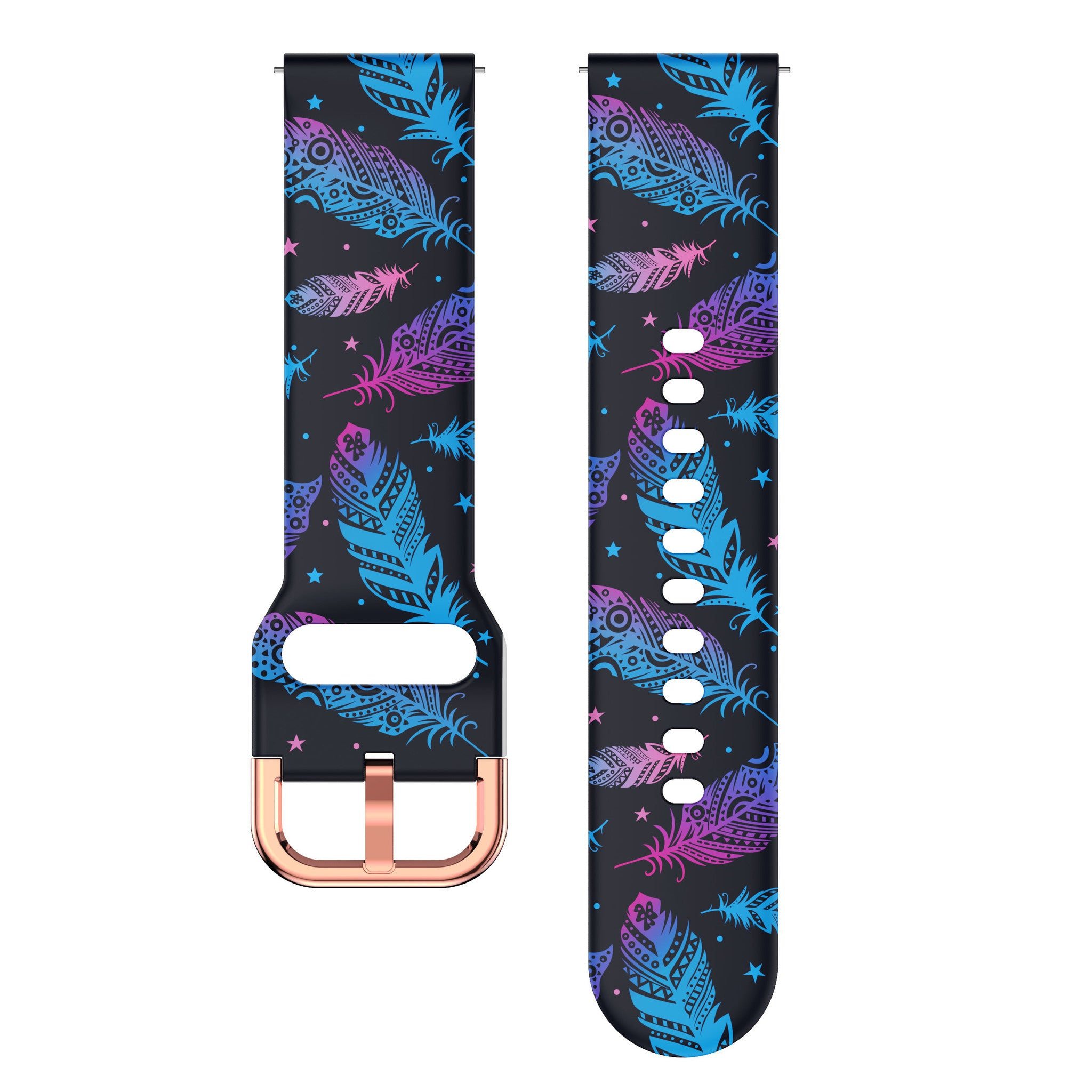 Zwei Uhrenarmbänder mit dunklem Hintergrund. Federn in Pink, Blau und Lila sind mit Sternen und Designs gemustert.