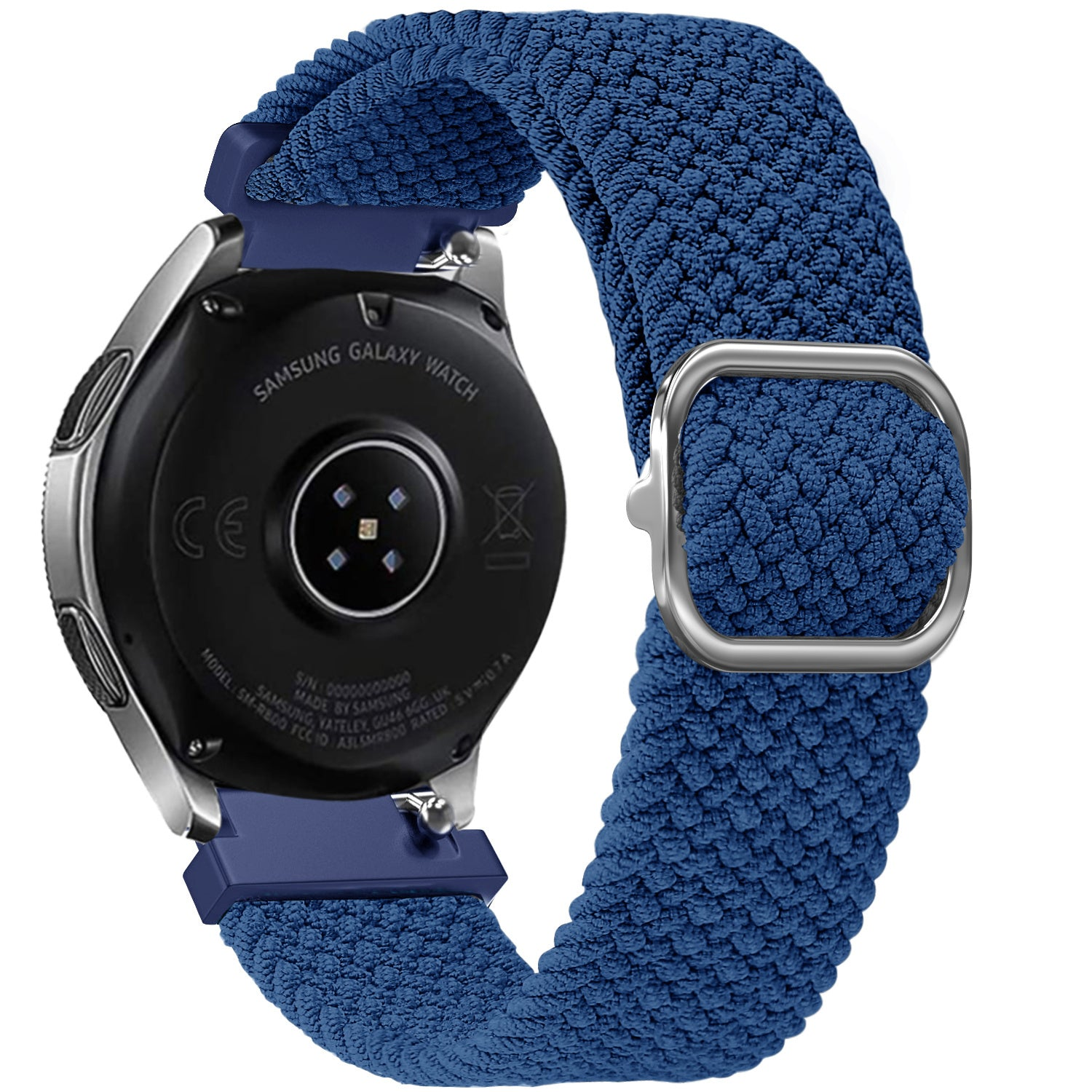 Ein blau geflochtenes Uhrenarmband ist an einer Samsung Galaxy Watch befestigt. Die Uhr ist schwarz mit silbernen Rändern. Eine silberne Schnalle ist sichtbar.
