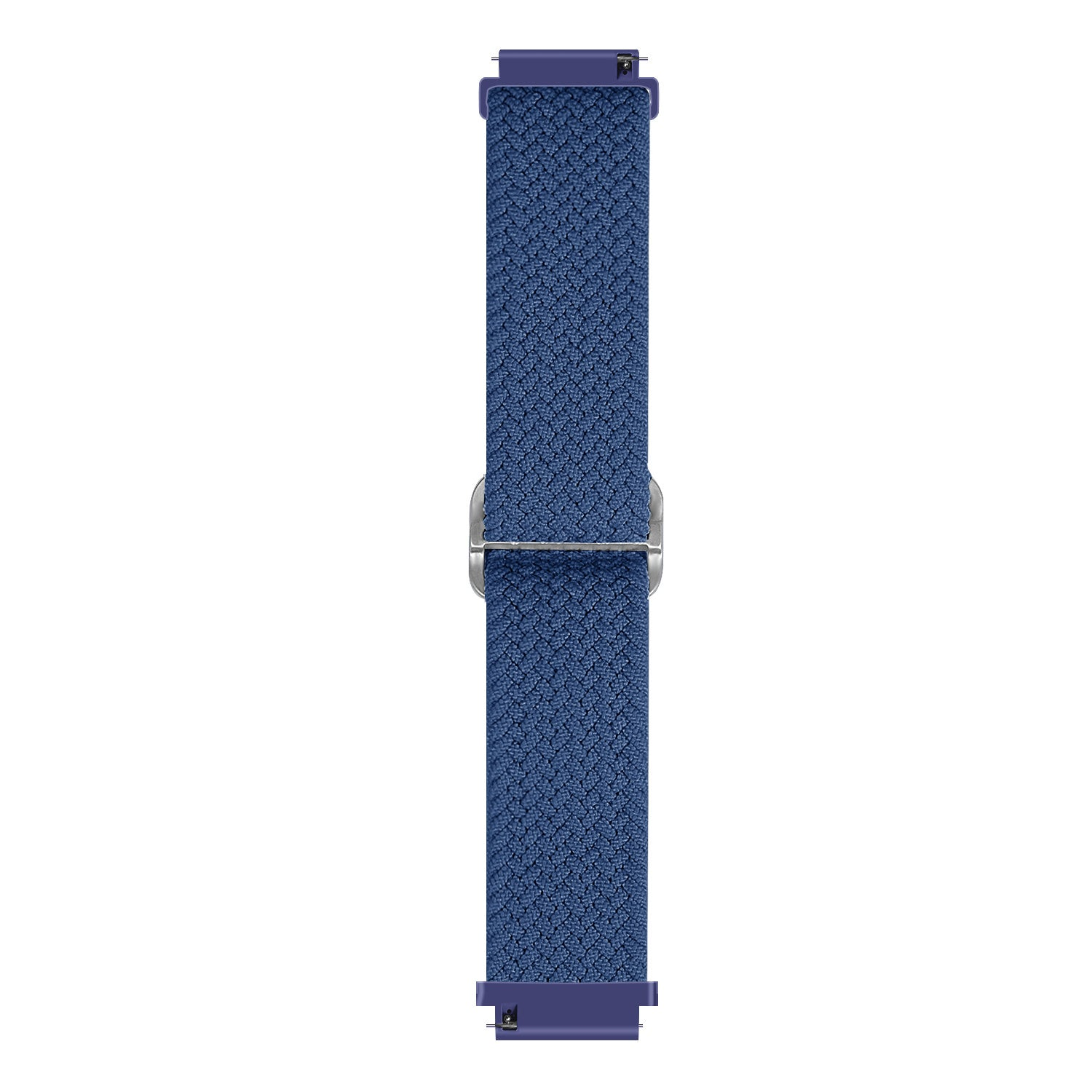 Ein blaues Uhrenarmband auf weißem Hintergrund. Es hat eine gewebte Textur und eine silberne Schnalle. Die Enden sind dunkelblau.
