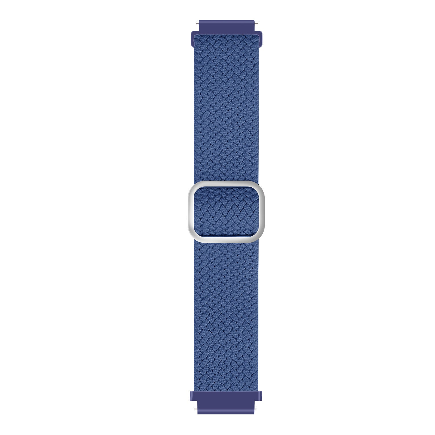 Ein blaues Uhrenarmband mit silberner Schnalle. Das Armband besteht aus gewebtem Material und hat ein dunkelblaues Endstück.