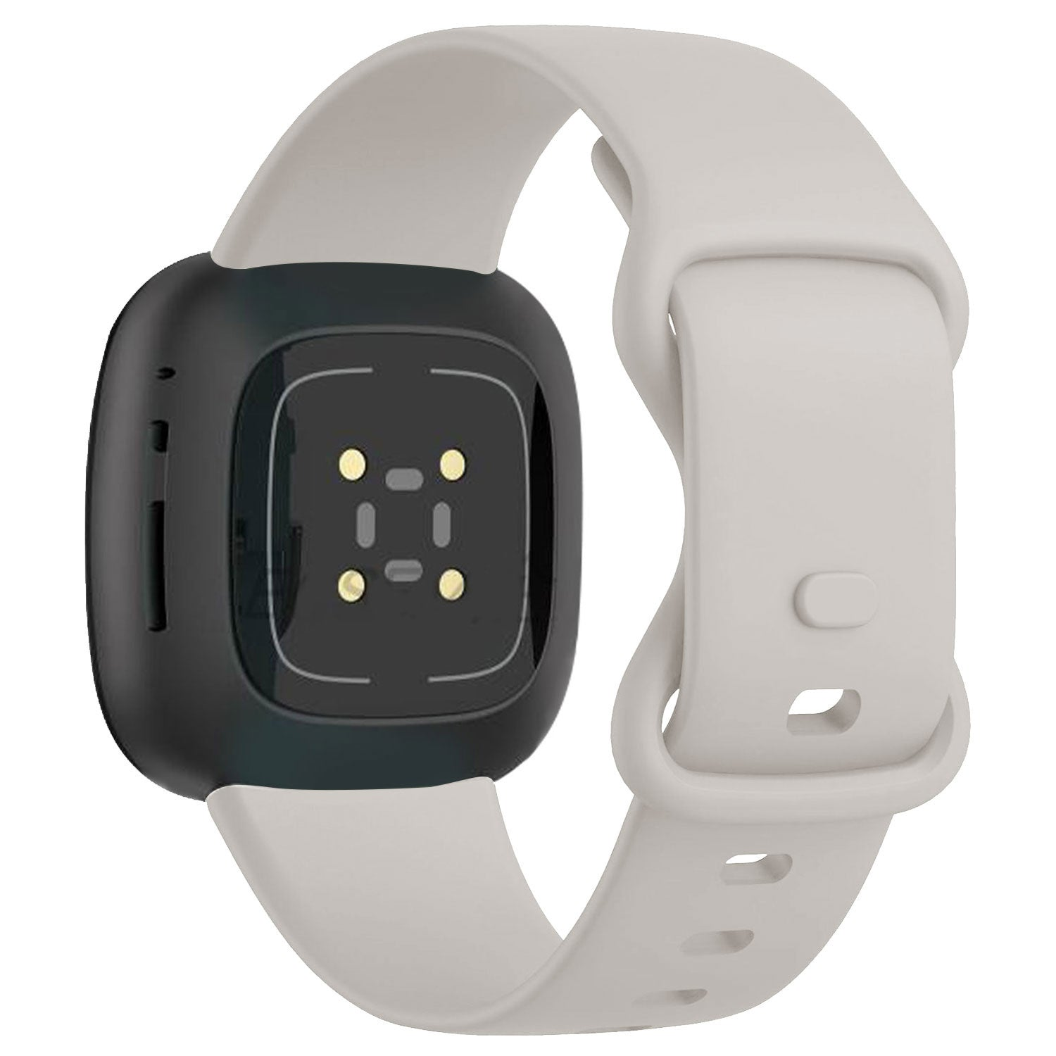 Eine Smartwatch mit schwarzem Zifferblatt und hellgrauen Armbändern. Die Rückseite hat Sensoren. Die Bänder sind am Gehäuse befestigt.