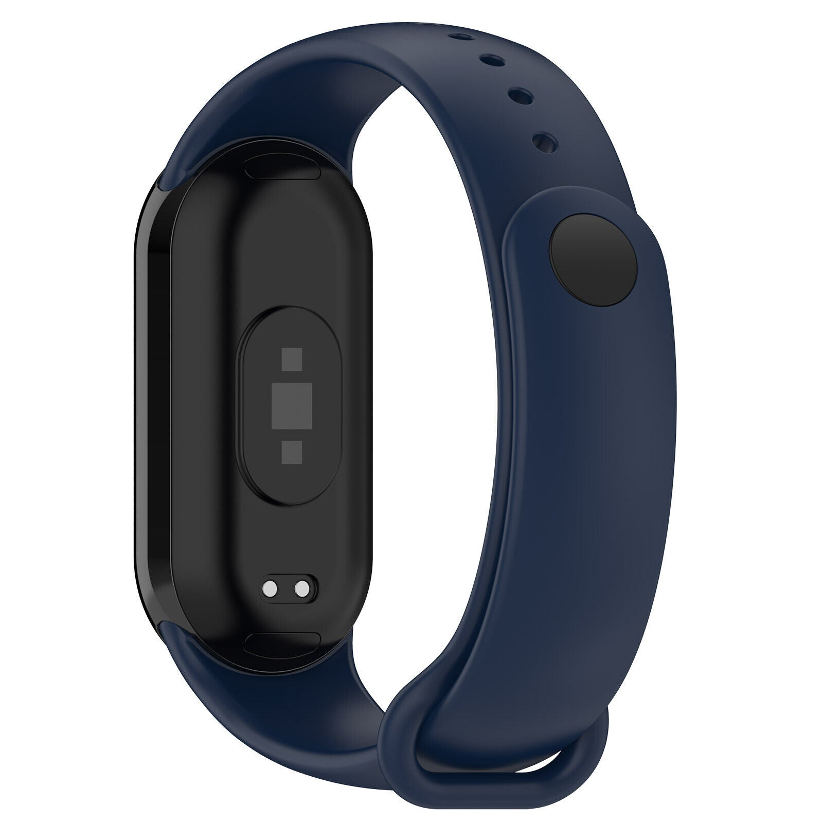 Ein marineblaues Smartband mit schwarzem Display. Das Band ist gebogen und hat einen Knopf und Löcher zur Anpassung.