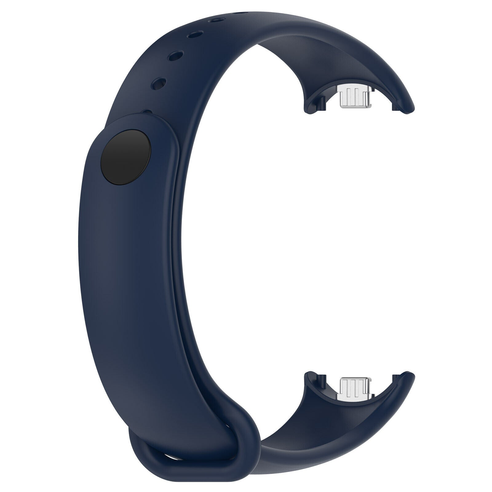 Ein dunkelblaues Uhrenarmband. Es ist gebogen und hat an jedem Ende einen Anschluss. Das Band hat Löcher und einen schwarzen Knopf.