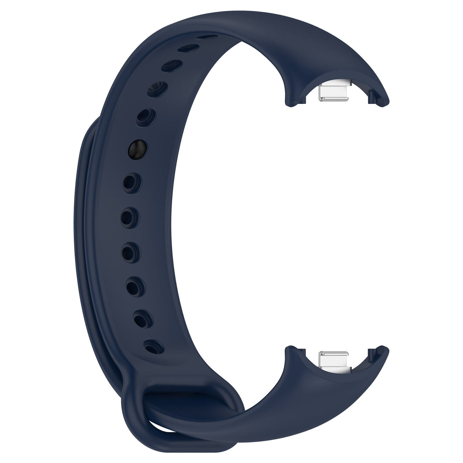 Ein dunkelblaues Uhrenarmband mit mehreren Löchern. Das Band hat eine gebogene Form mit einem silbernen Metallverbinder an jedem Ende.