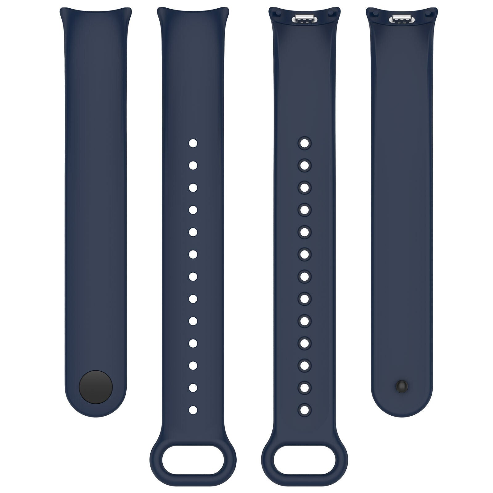 Vier marineblaue Uhrenarmbänder werden angezeigt. Zwei haben Löcher, eines hat einen Knopf. Die anderen beiden haben einen kleinen Schlitz.
