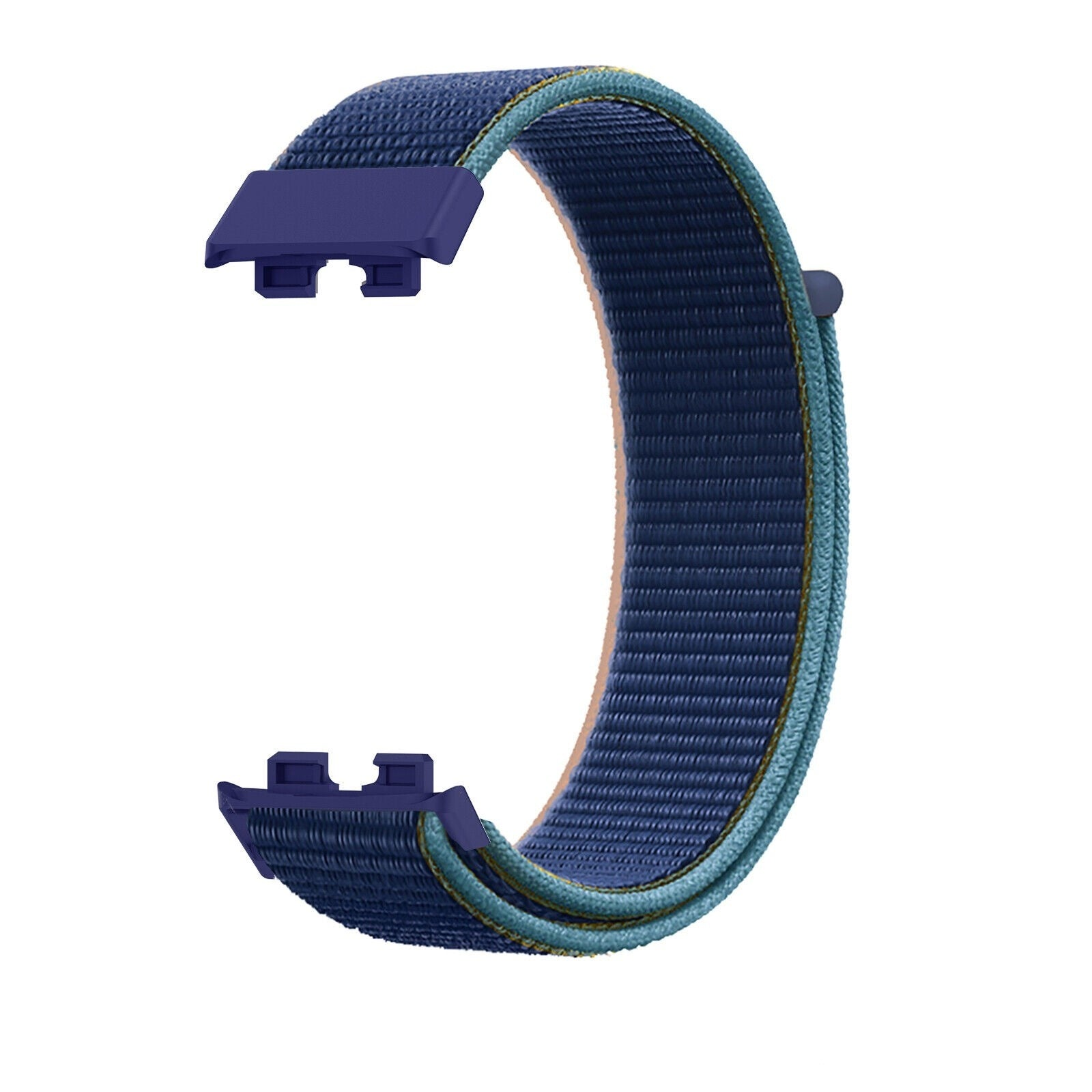 Ein marineblaues Uhrenarmband mit blauen Anschlüssen. Das Armband hat einen hellblauen Rand und einen beigen Innenteil. Weißer Hintergrund.