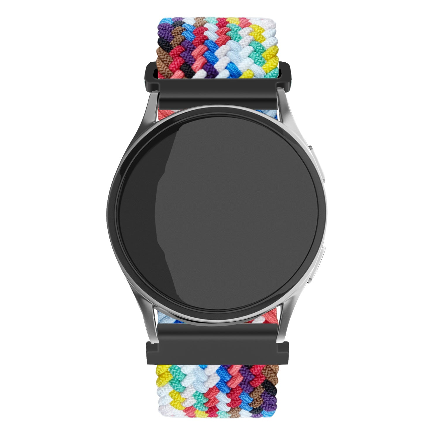 Eine Smartwatch mit rundem schwarzem Bildschirm und einem farbenfrohen geflochtenen Armband. Das Armband hat mehrere Farben. Das Gehäuse der Uhr ist silberfarben.