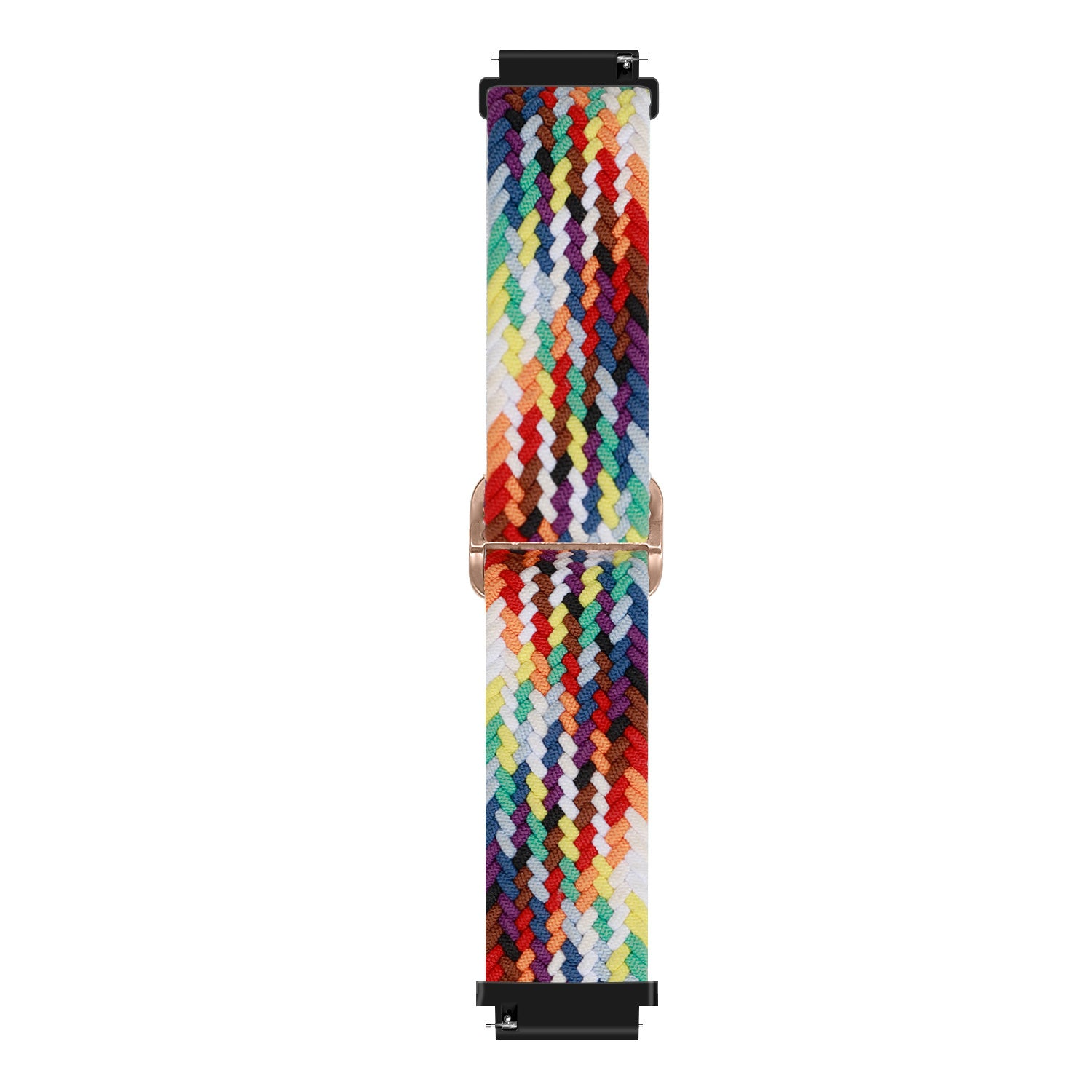Ein bunt geflochtenes Uhrenarmband. Es hat eine goldene Schnalle und schwarze Anschlüsse an den Enden. Das Band ist eine Mischung aus Farben.